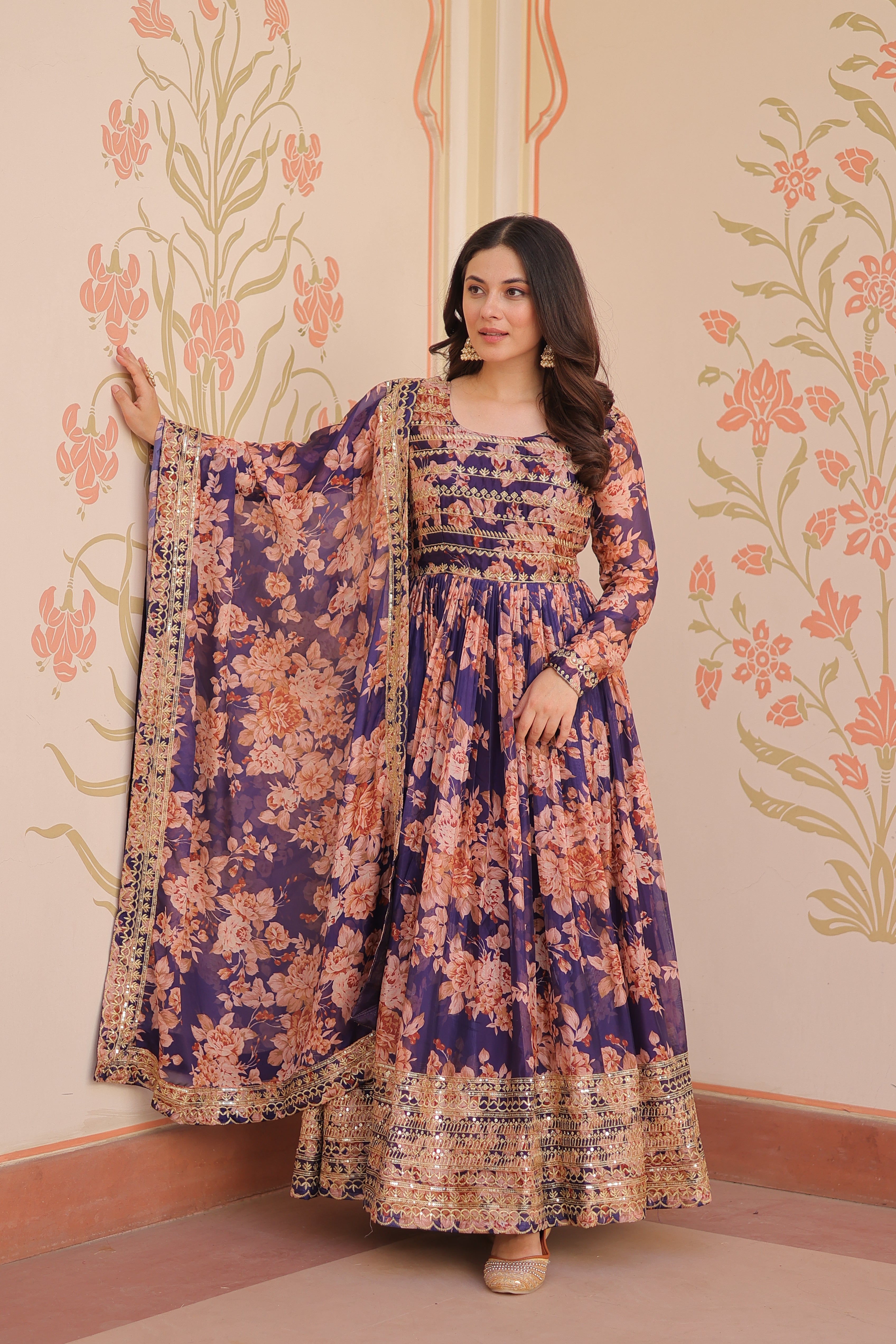 Silk Floral Printed Anarkali Gown With Dupatta