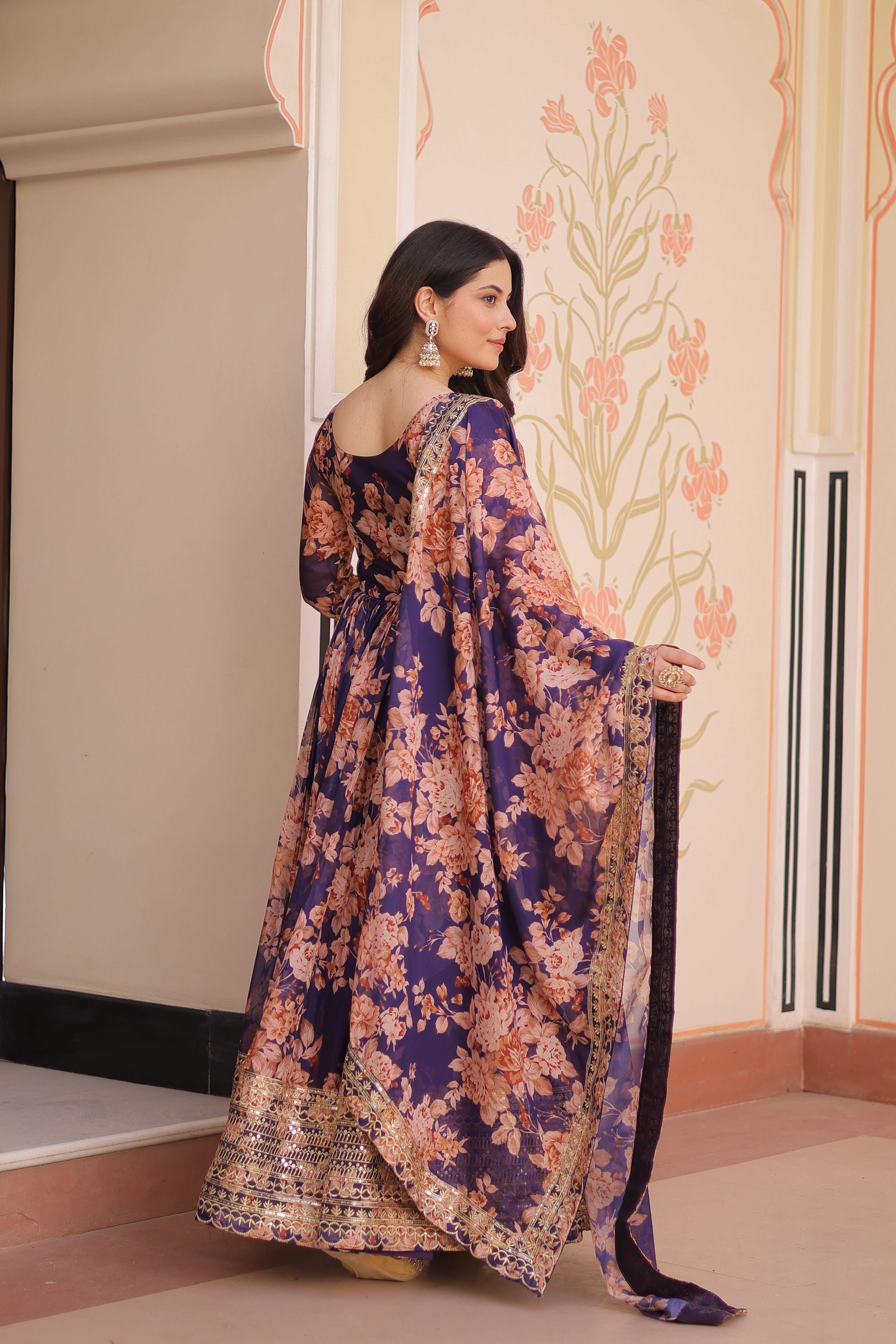 Silk Floral Printed Anarkali Gown With Dupatta