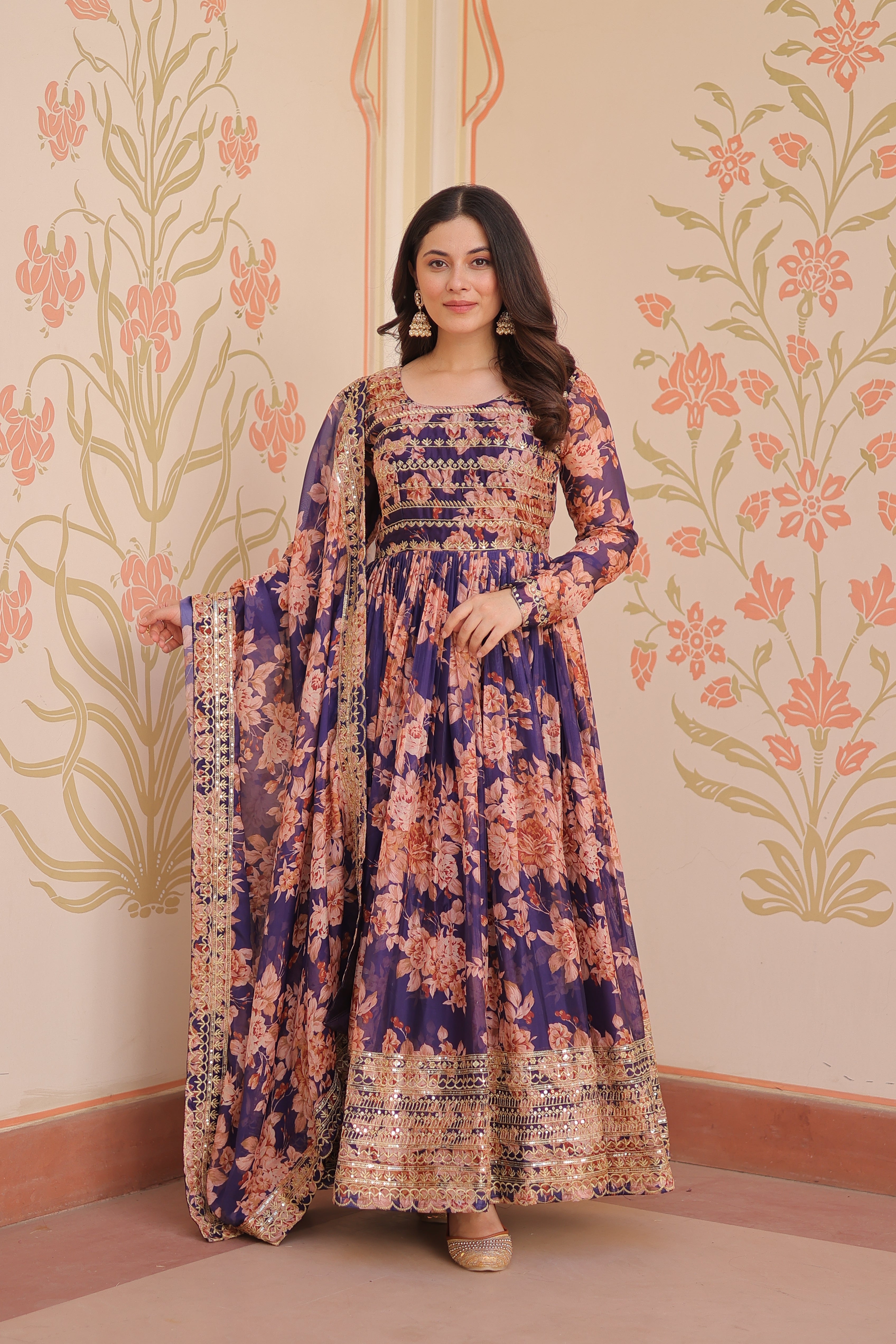 Silk Floral Printed Anarkali Gown With Dupatta