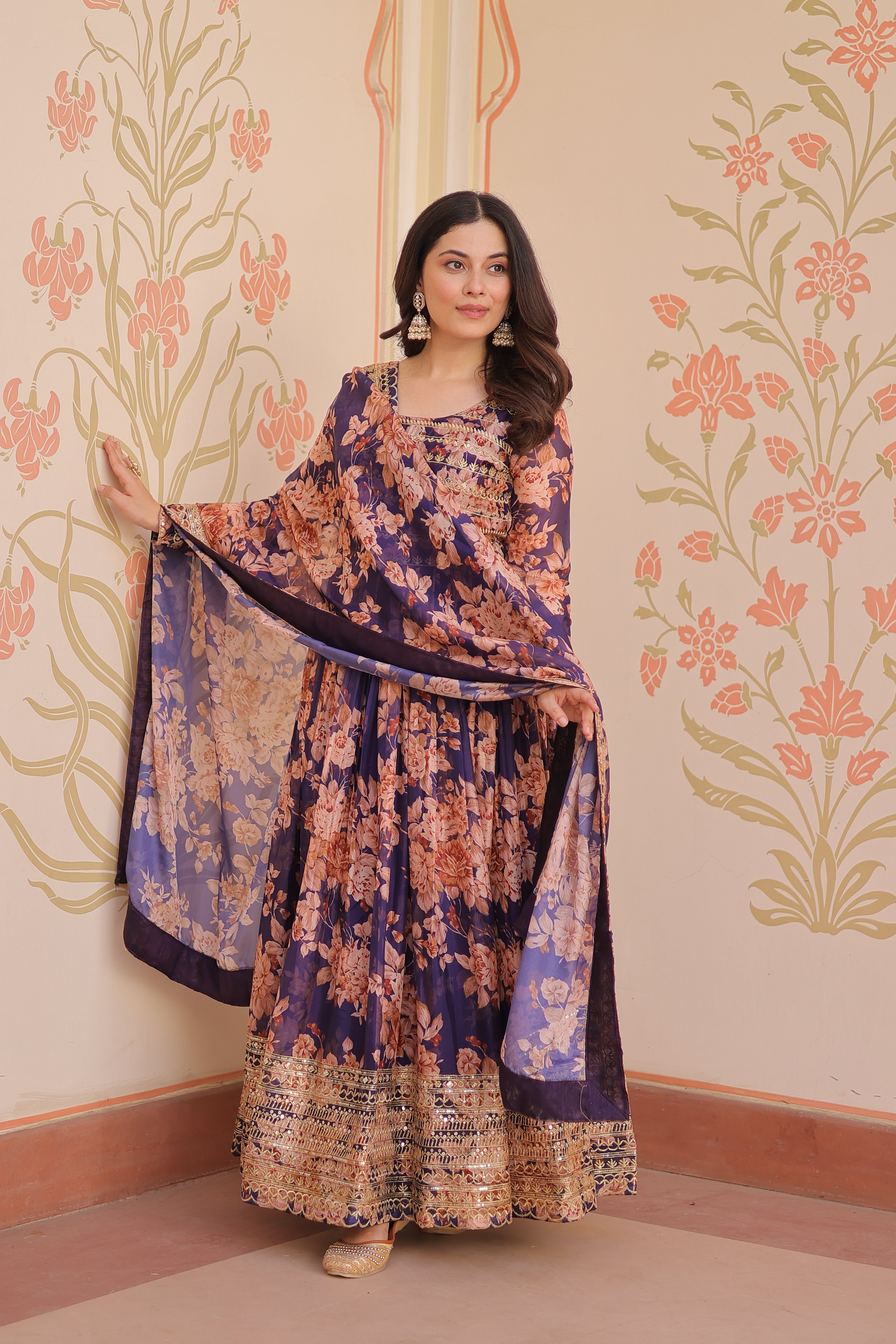 Silk Floral Printed Anarkali Gown With Dupatta
