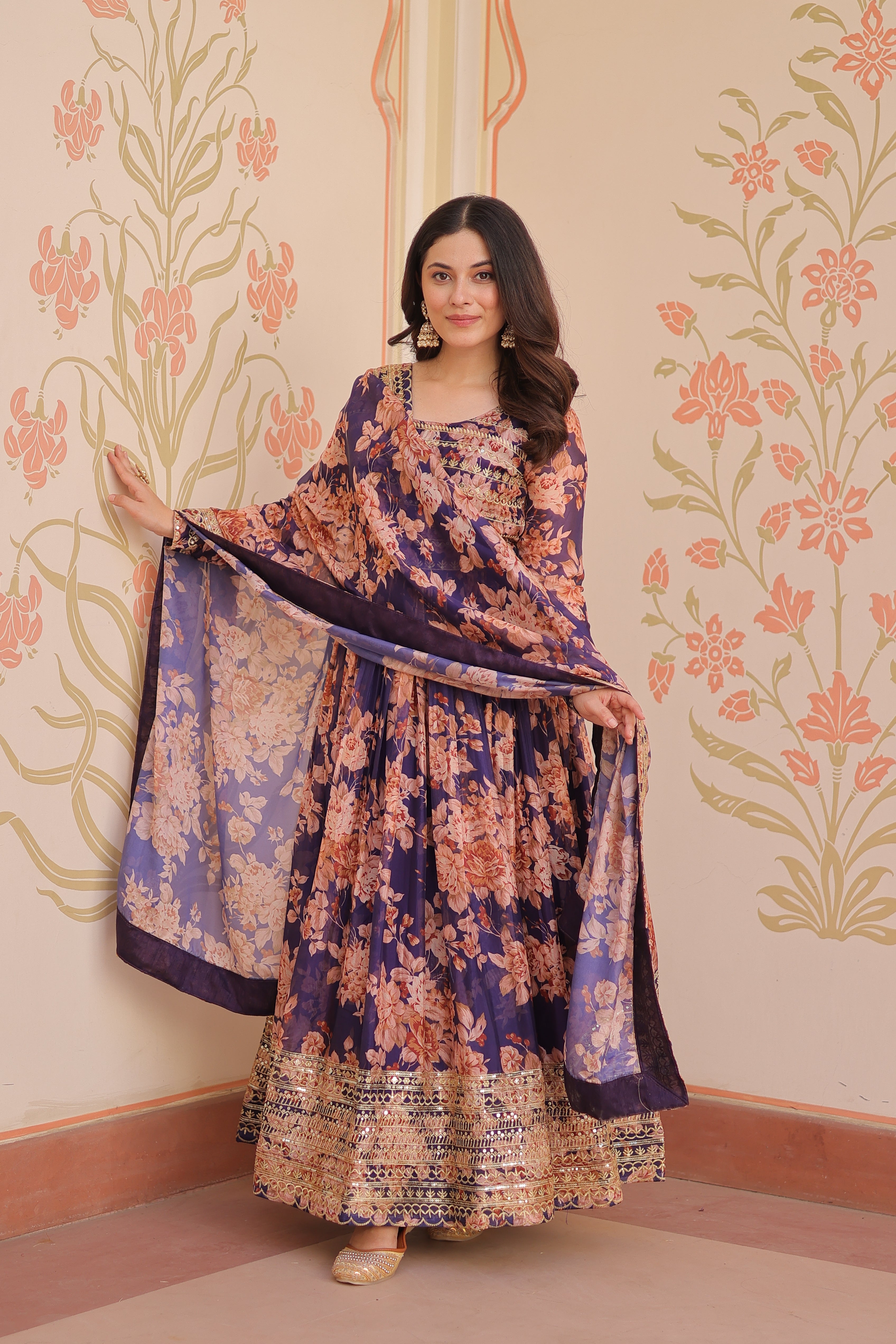Silk Floral Printed Anarkali Gown With Dupatta
