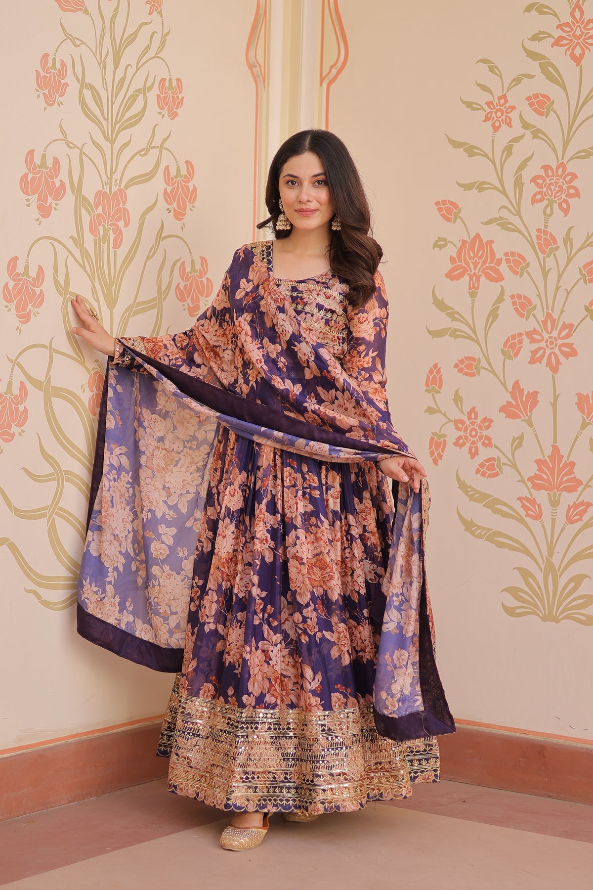 Silk Floral Printed Anarkali Gown With Dupatta