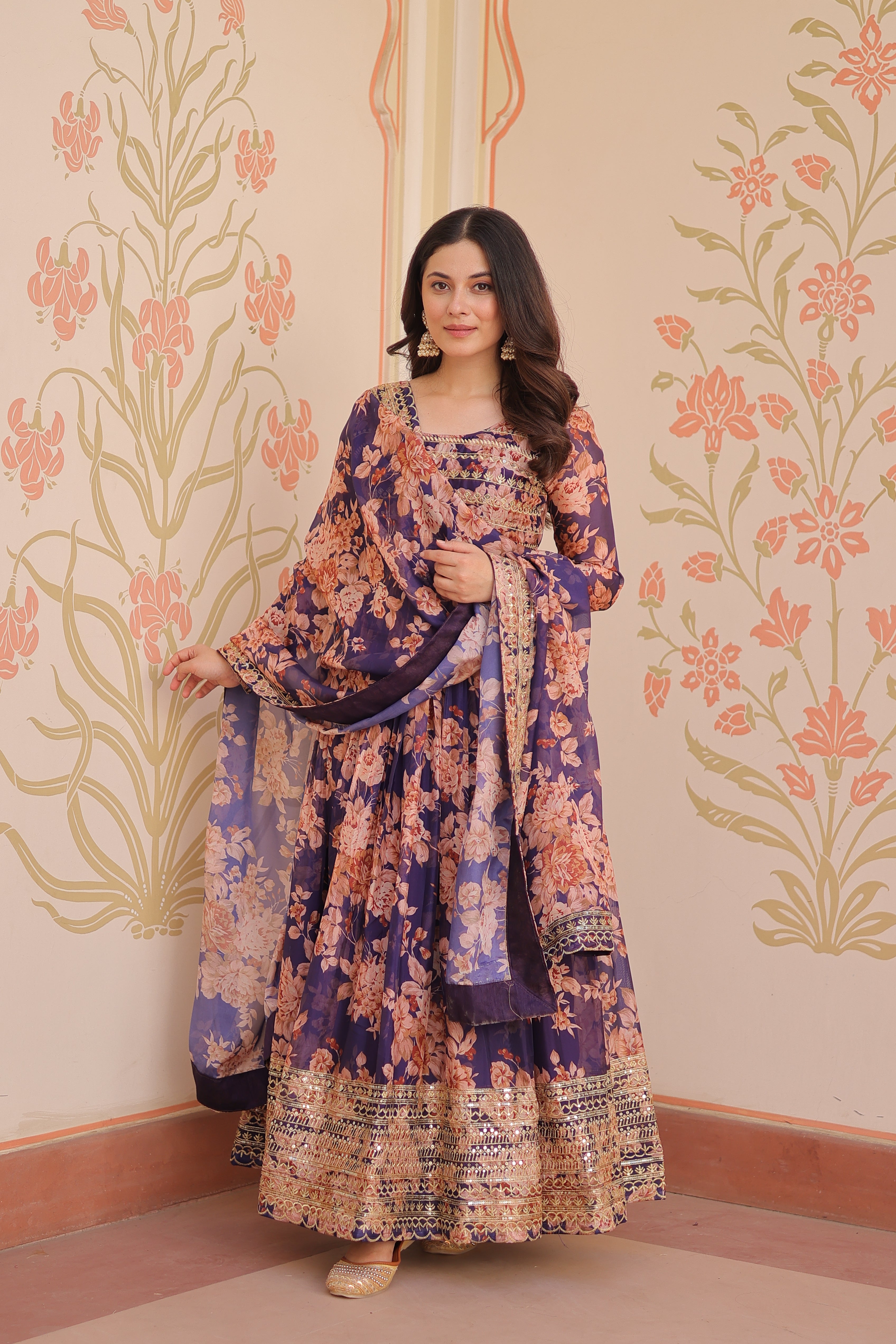 Silk Floral Printed Anarkali Gown With Dupatta