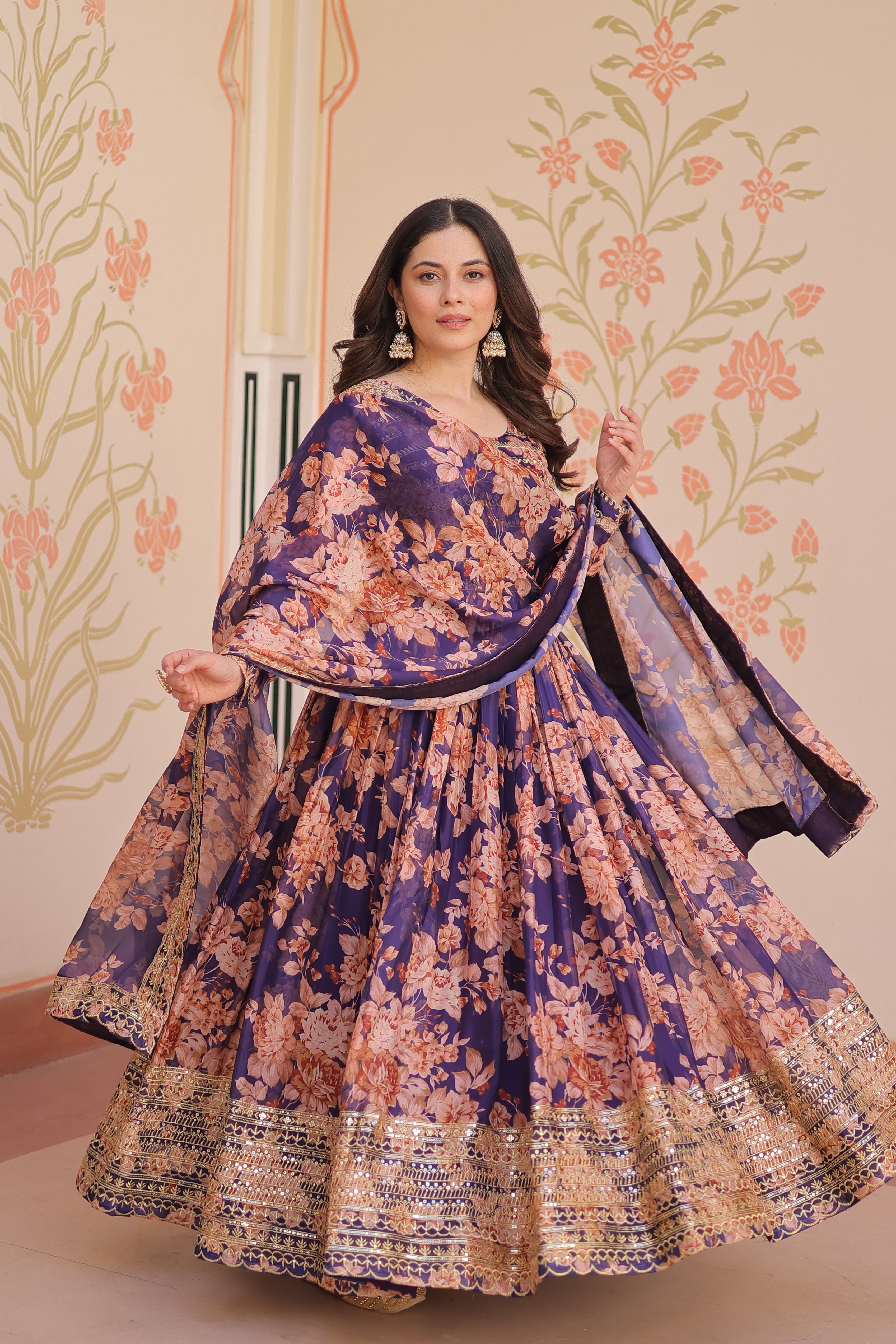 Silk Floral Printed Anarkali Gown With Dupatta