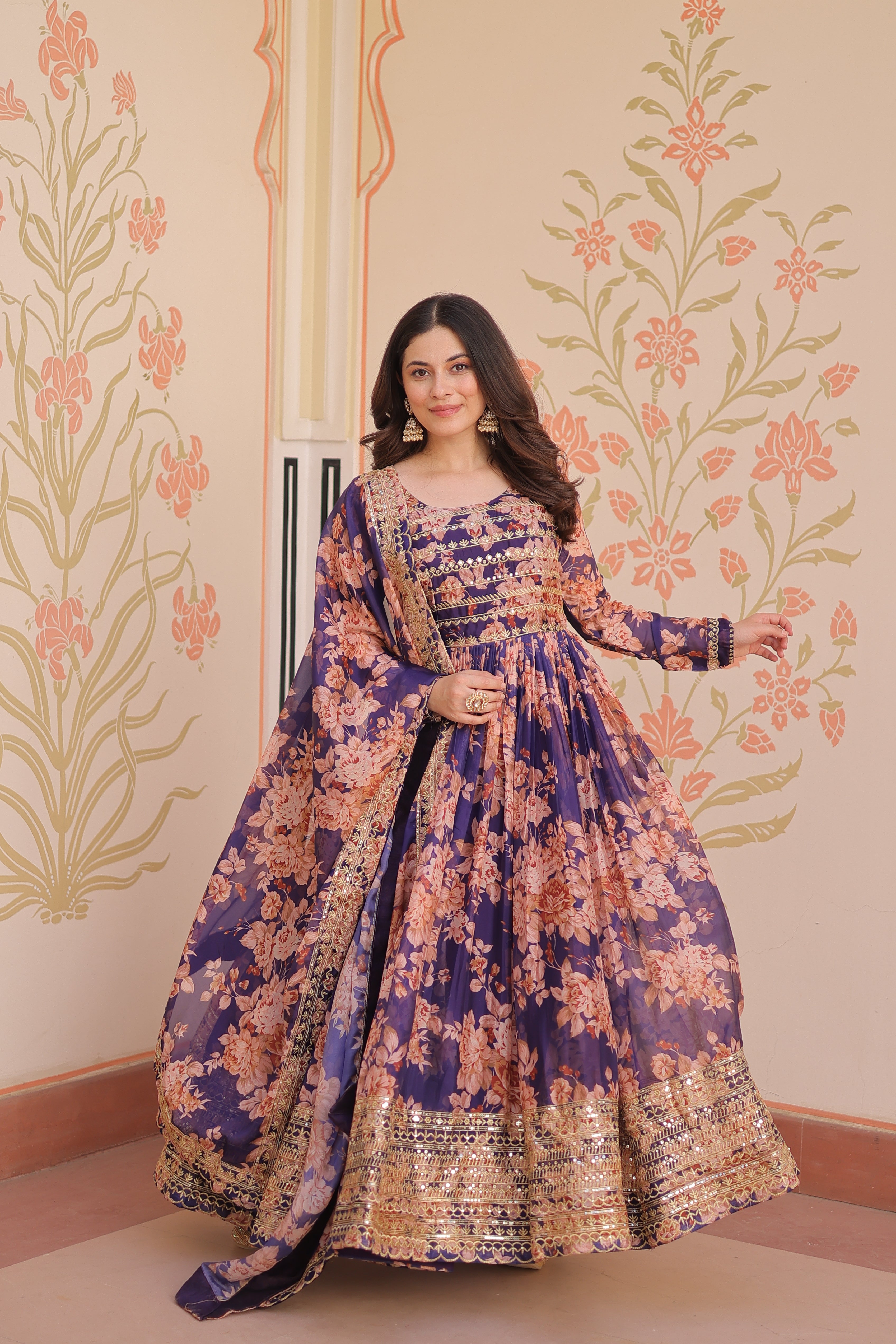 Silk Floral Printed Anarkali Gown With Dupatta
