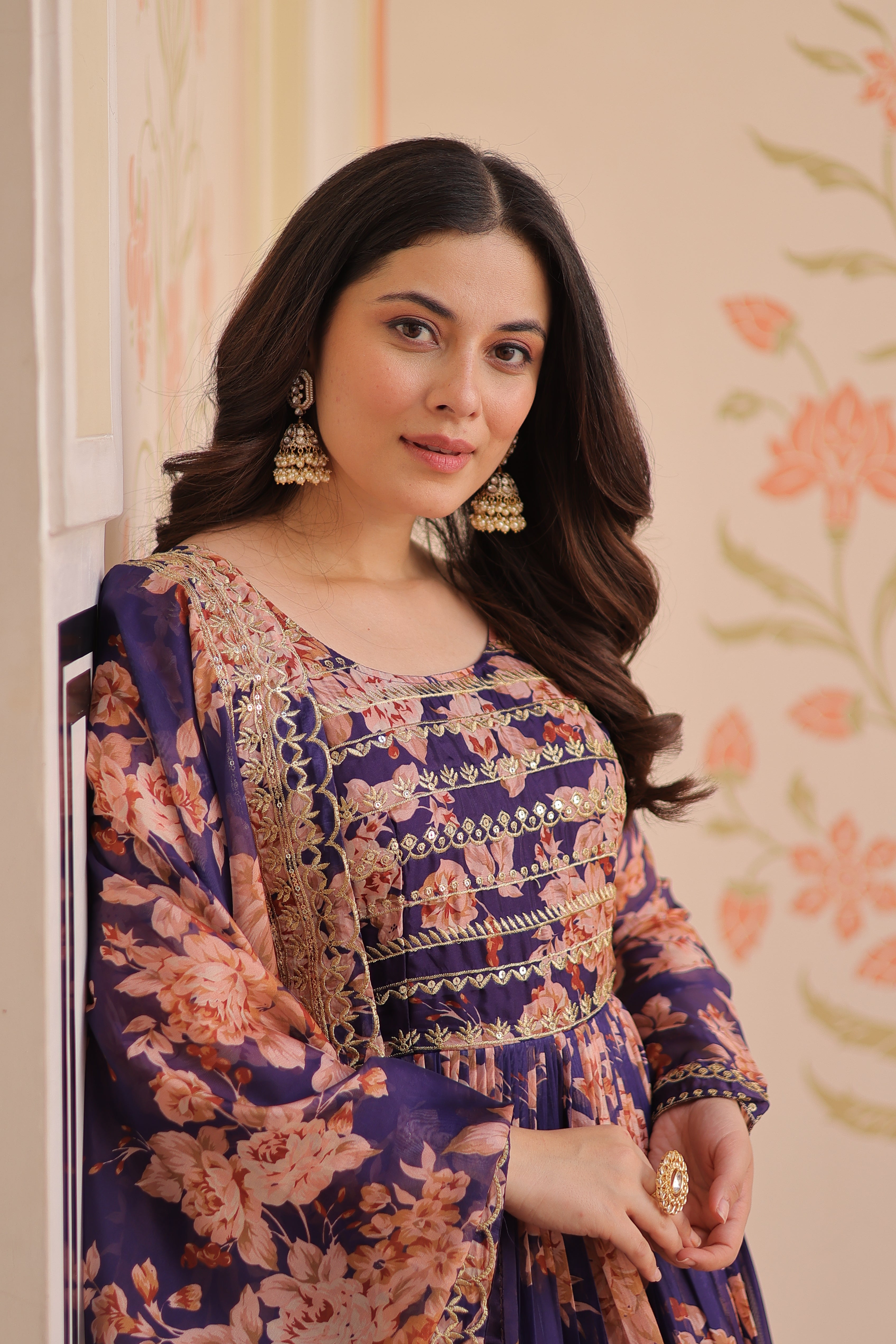 Silk Floral Printed Anarkali Gown With Dupatta