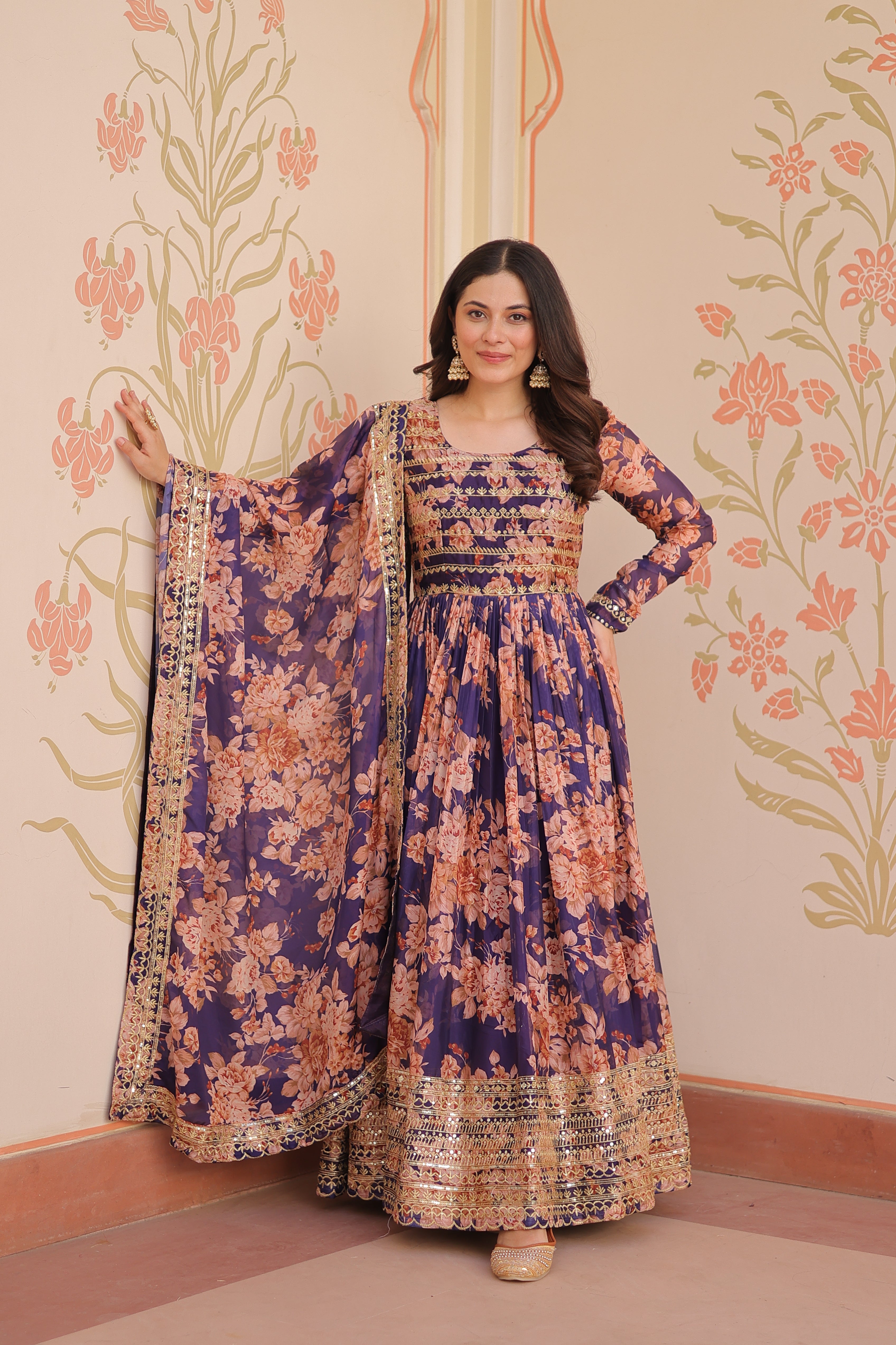 Silk Floral Printed Anarkali Gown With Dupatta