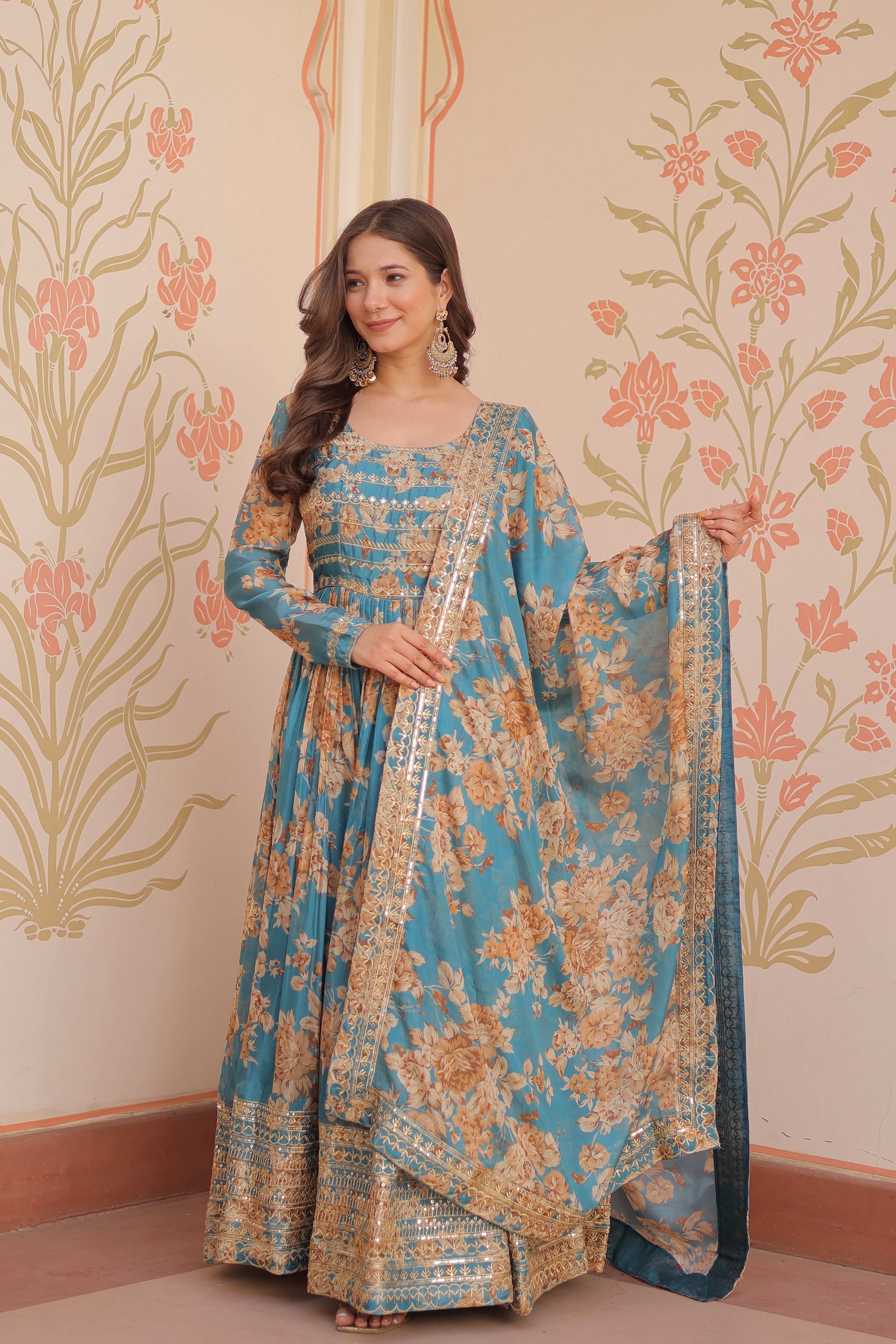Silk Floral Printed Anarkali Gown With Dupatta