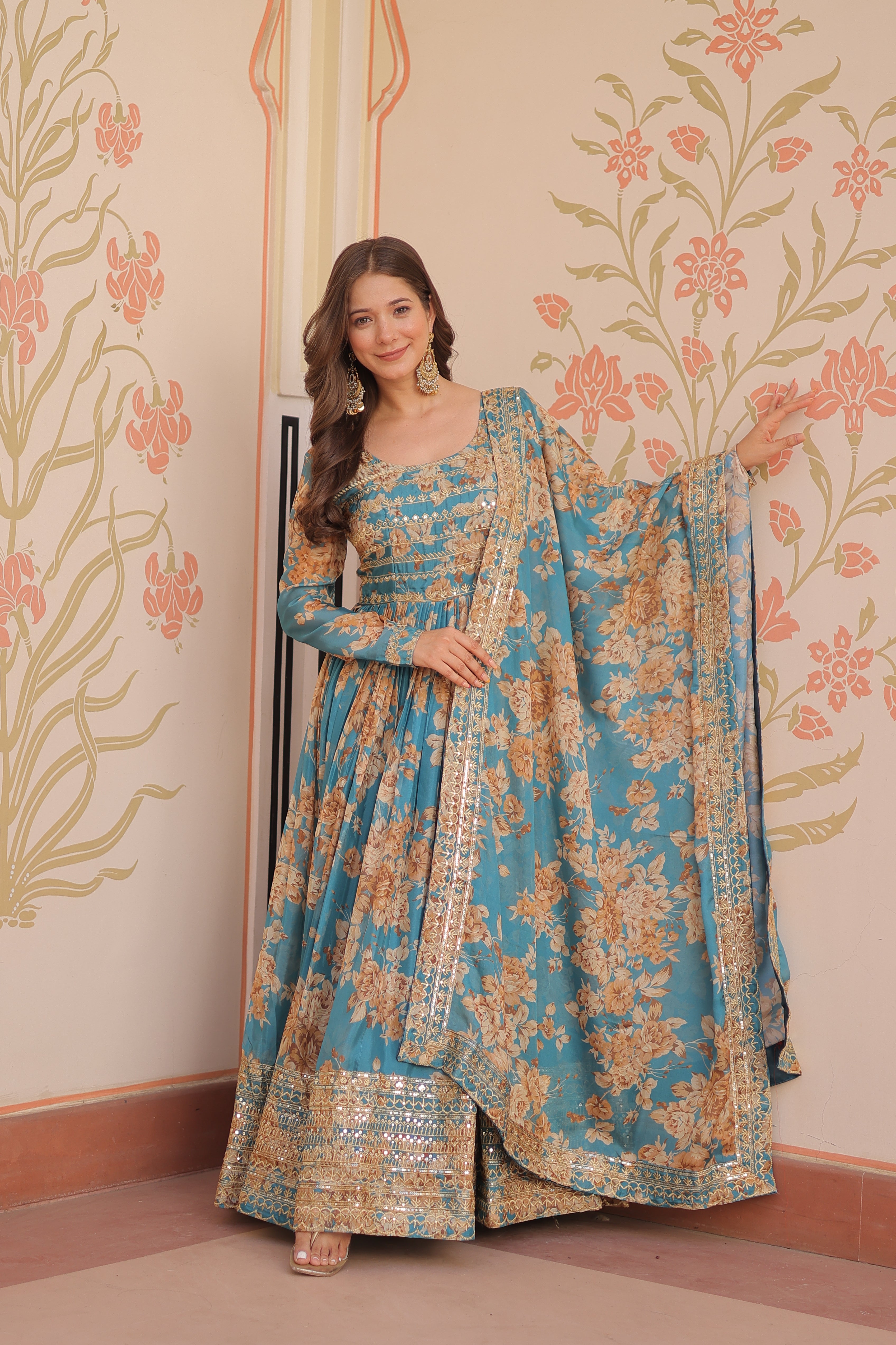 Silk Floral Printed Anarkali Gown With Dupatta