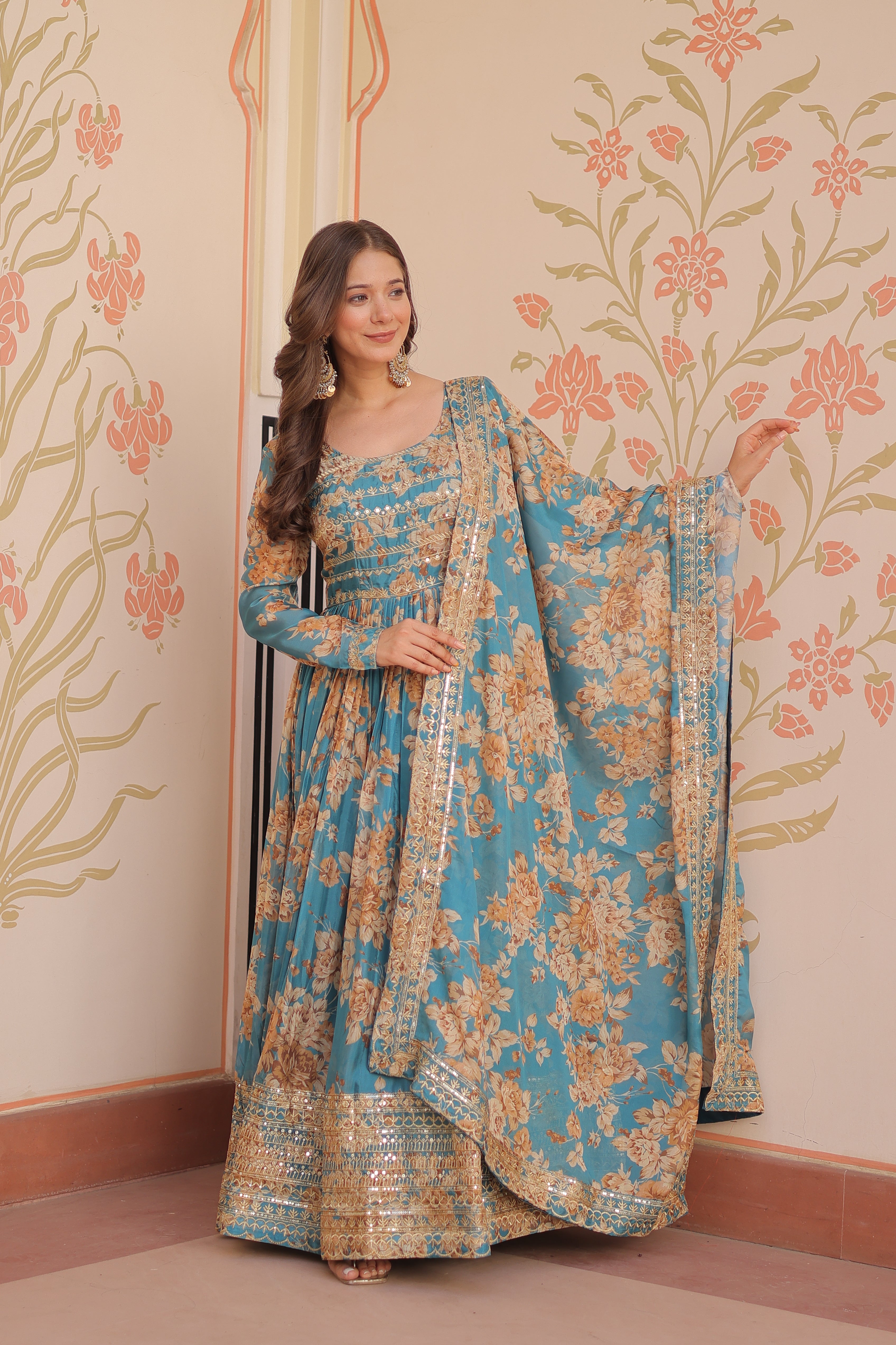 Silk Floral Printed Anarkali Gown With Dupatta