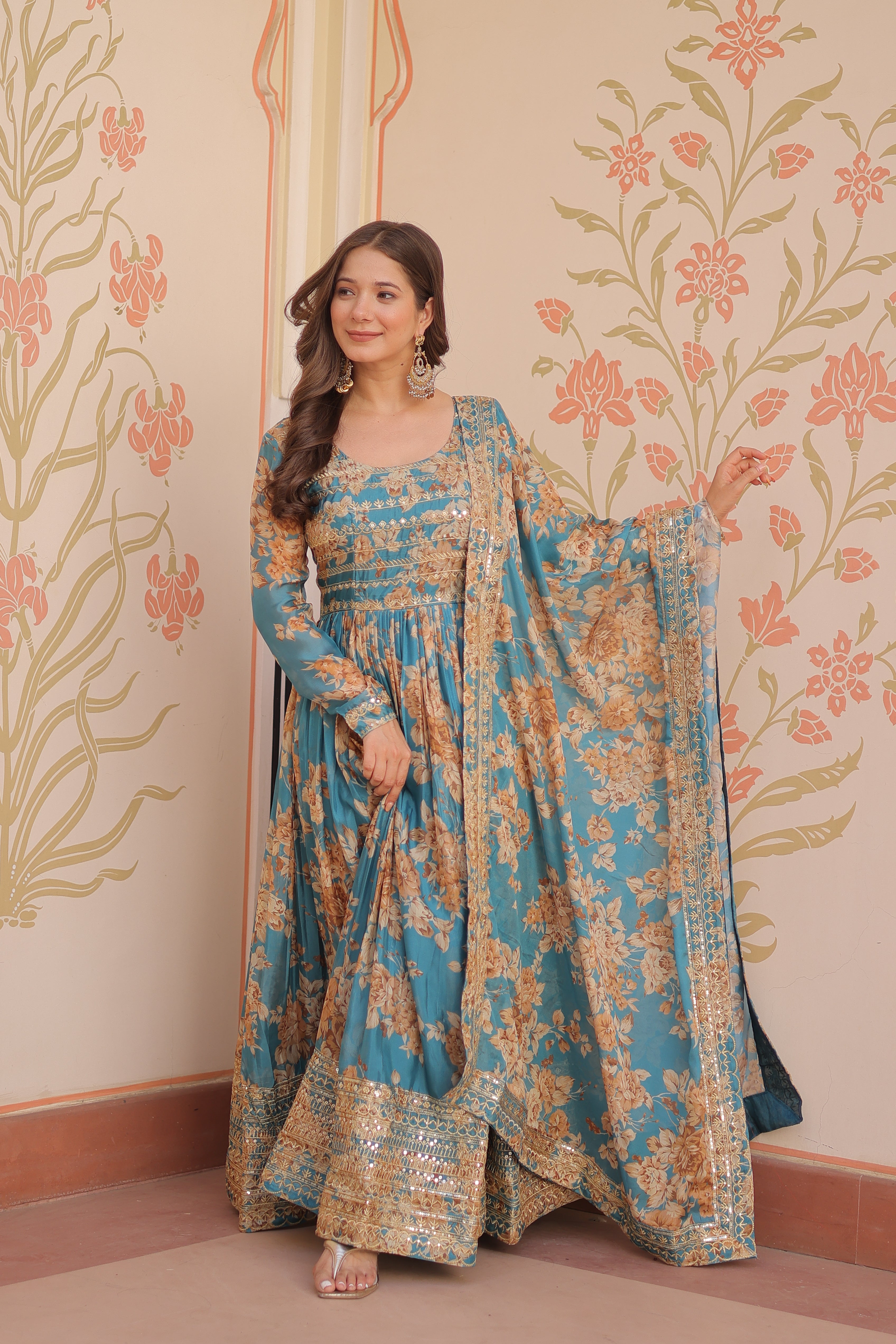 Silk Floral Printed Anarkali Gown With Dupatta