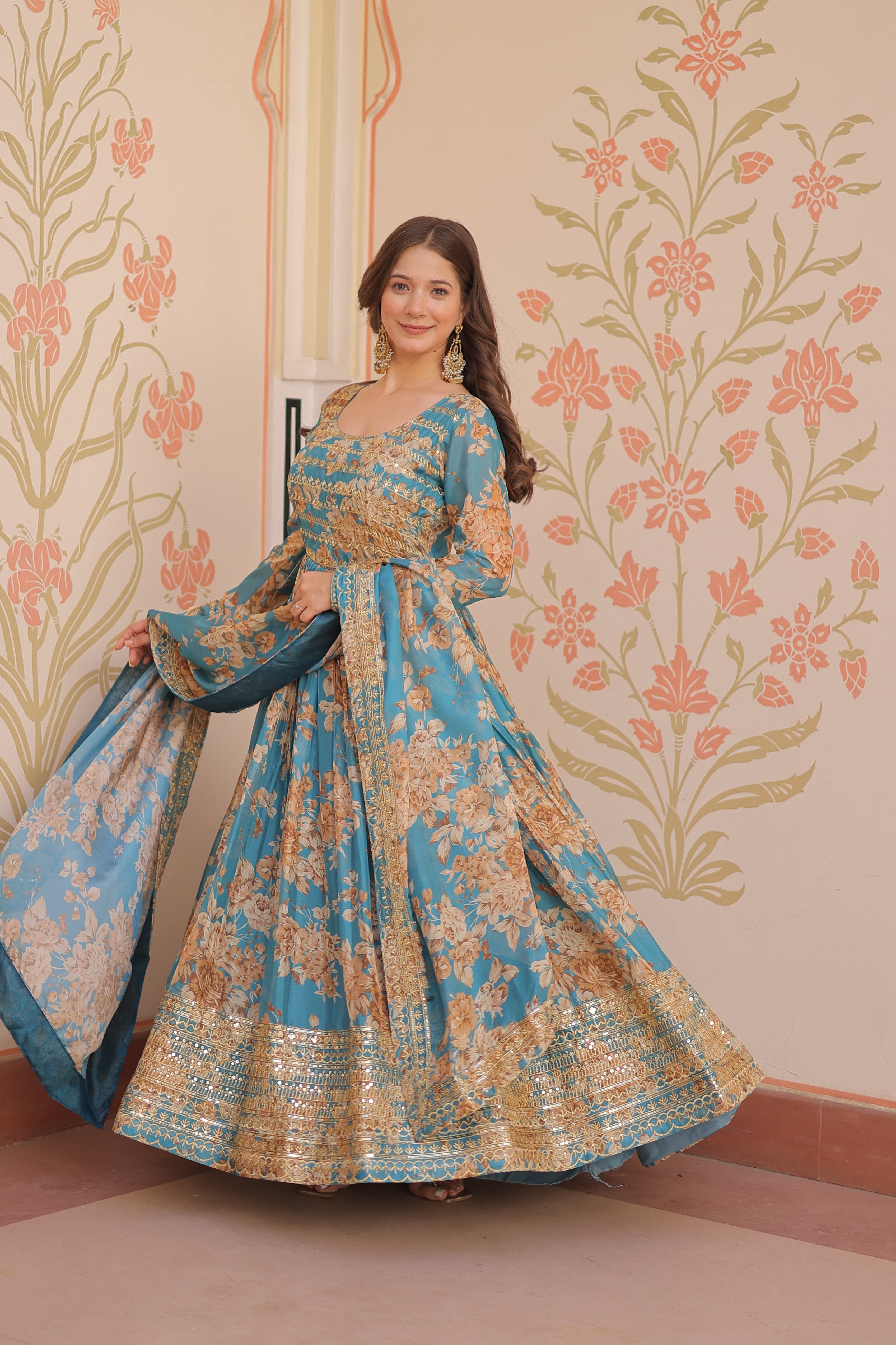 Silk Floral Printed Anarkali Gown With Dupatta