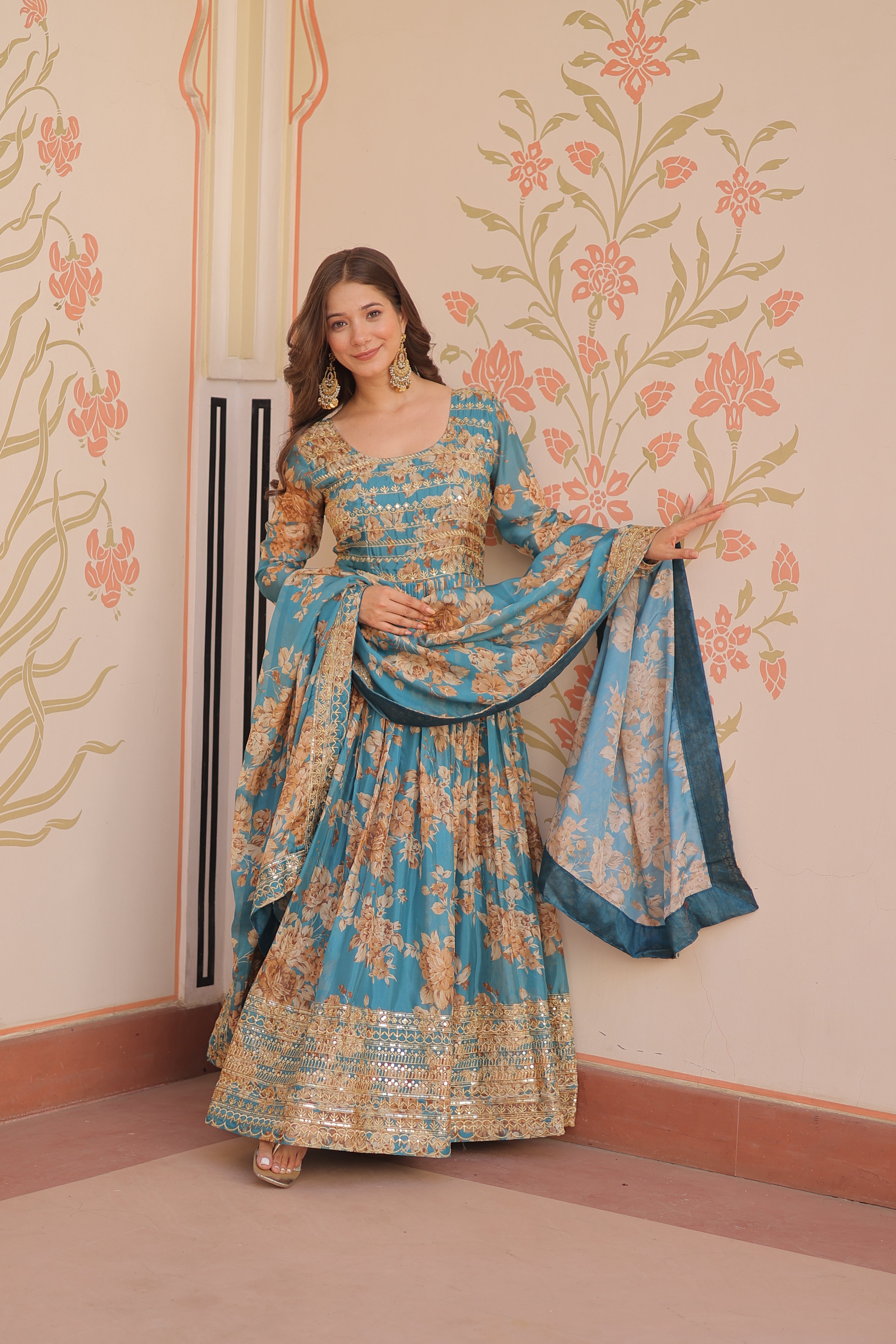 Silk Floral Printed Anarkali Gown With Dupatta