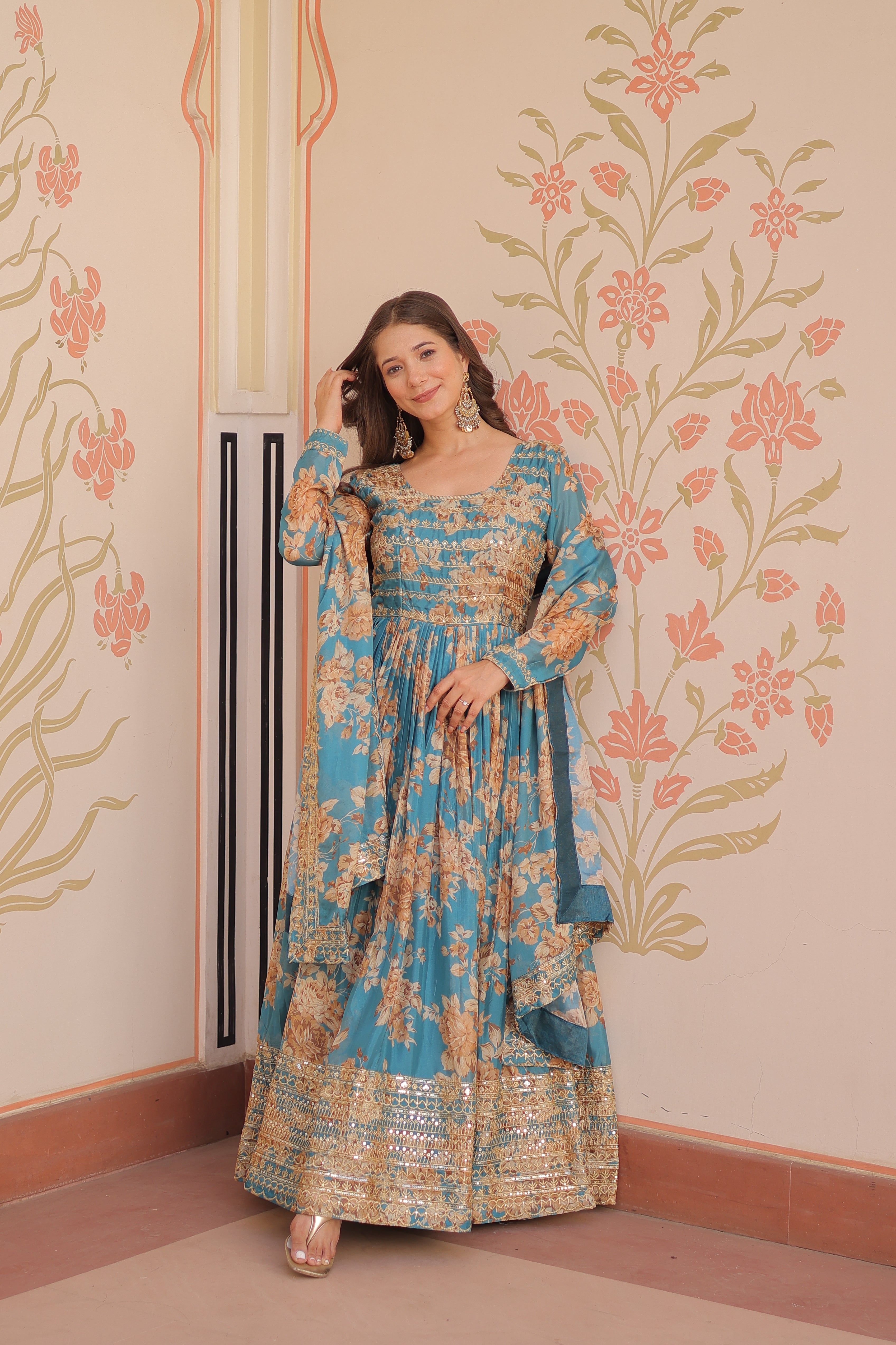 Silk Floral Printed Anarkali Gown With Dupatta