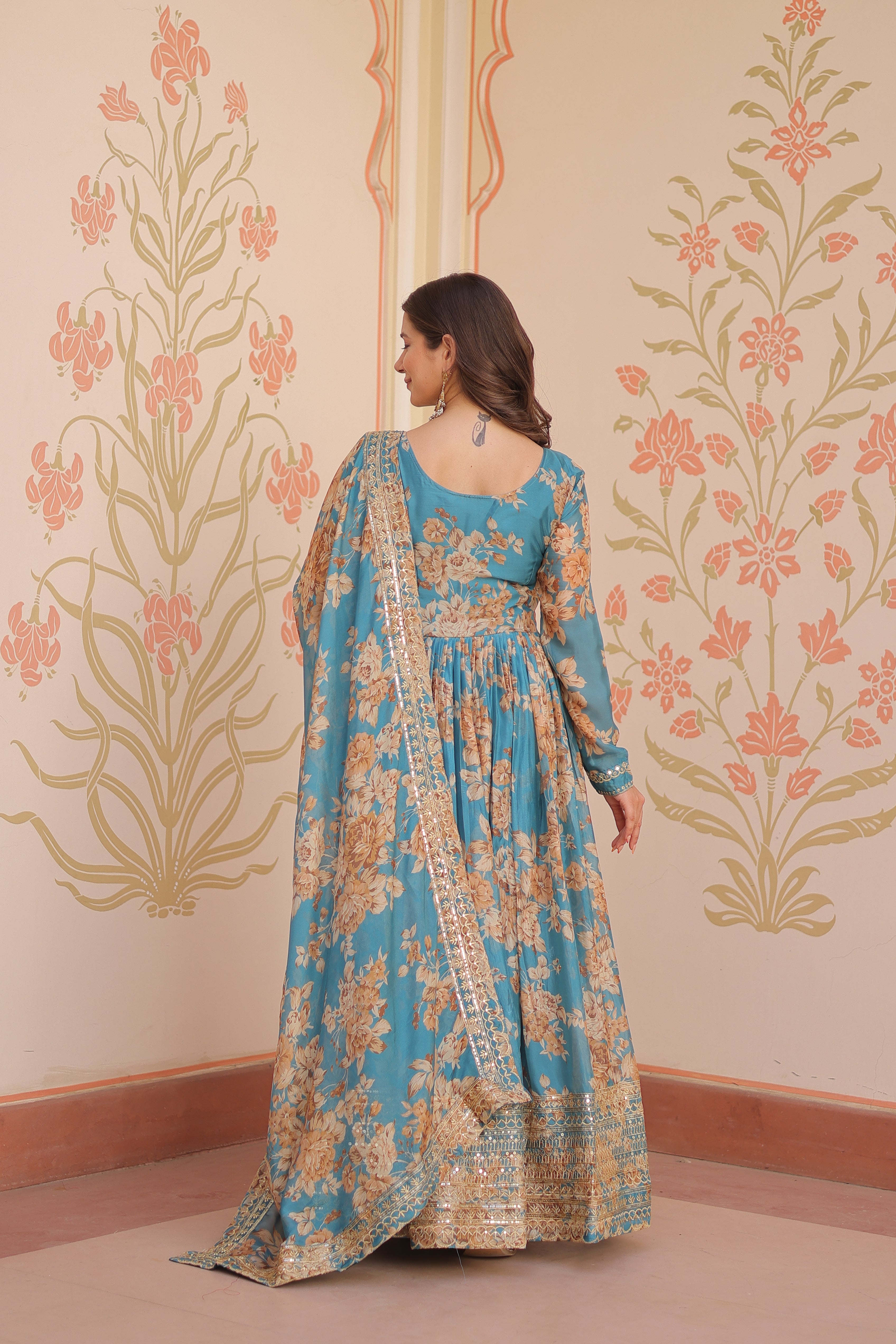 Silk Floral Printed Anarkali Gown With Dupatta