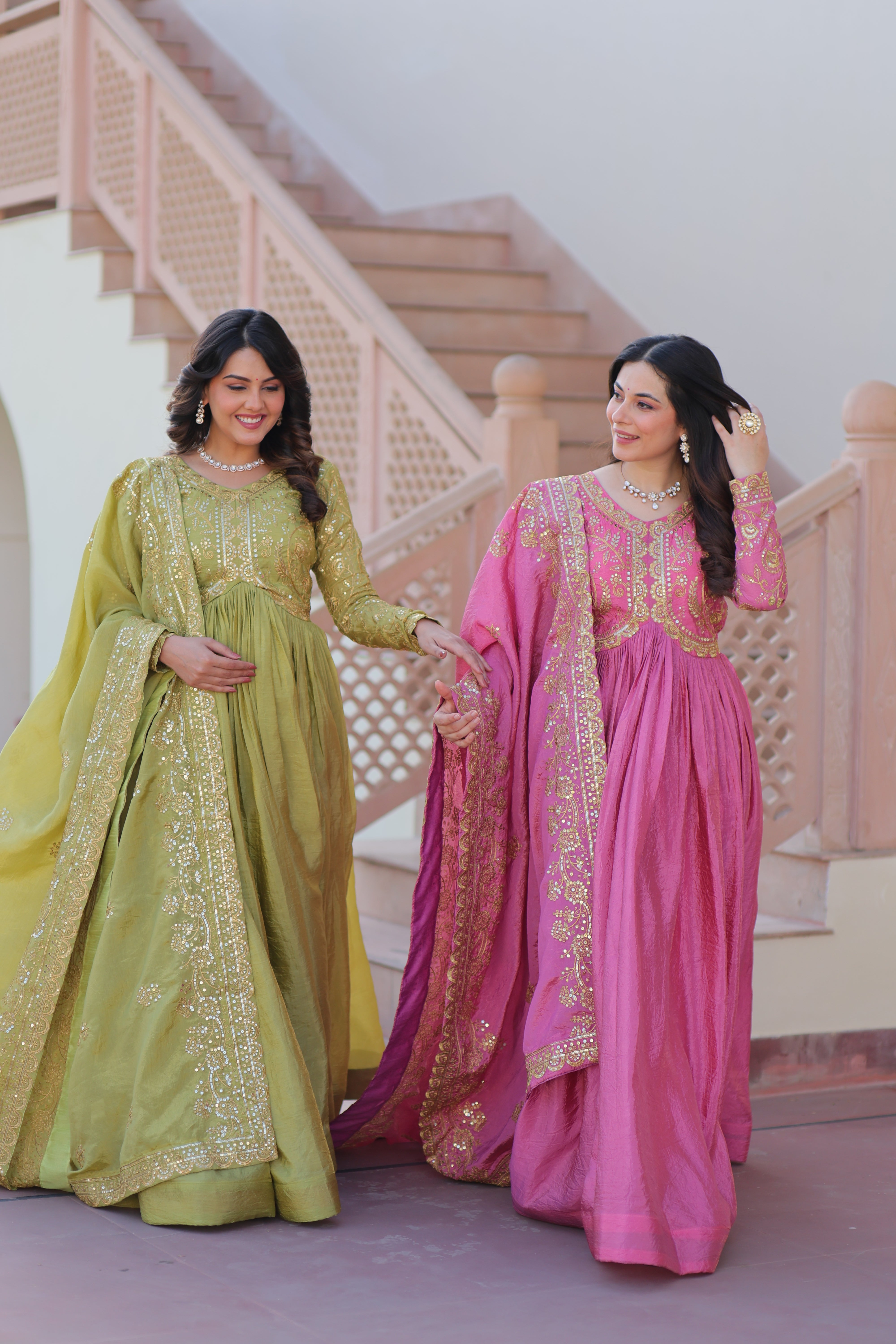 Organza Mehendi Wear Gown With Dupatta