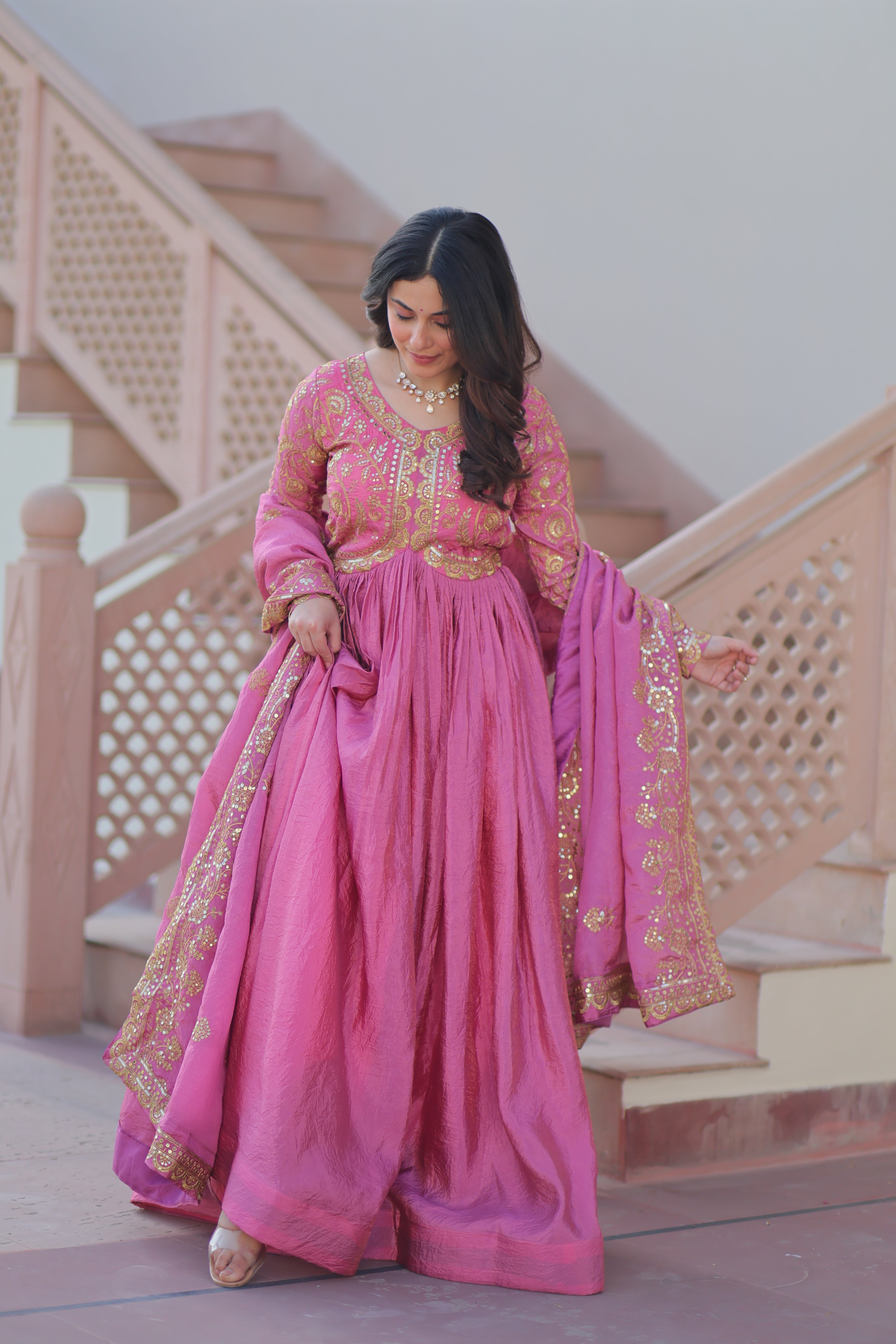 Organza Mehendi Wear Gown With Dupatta
