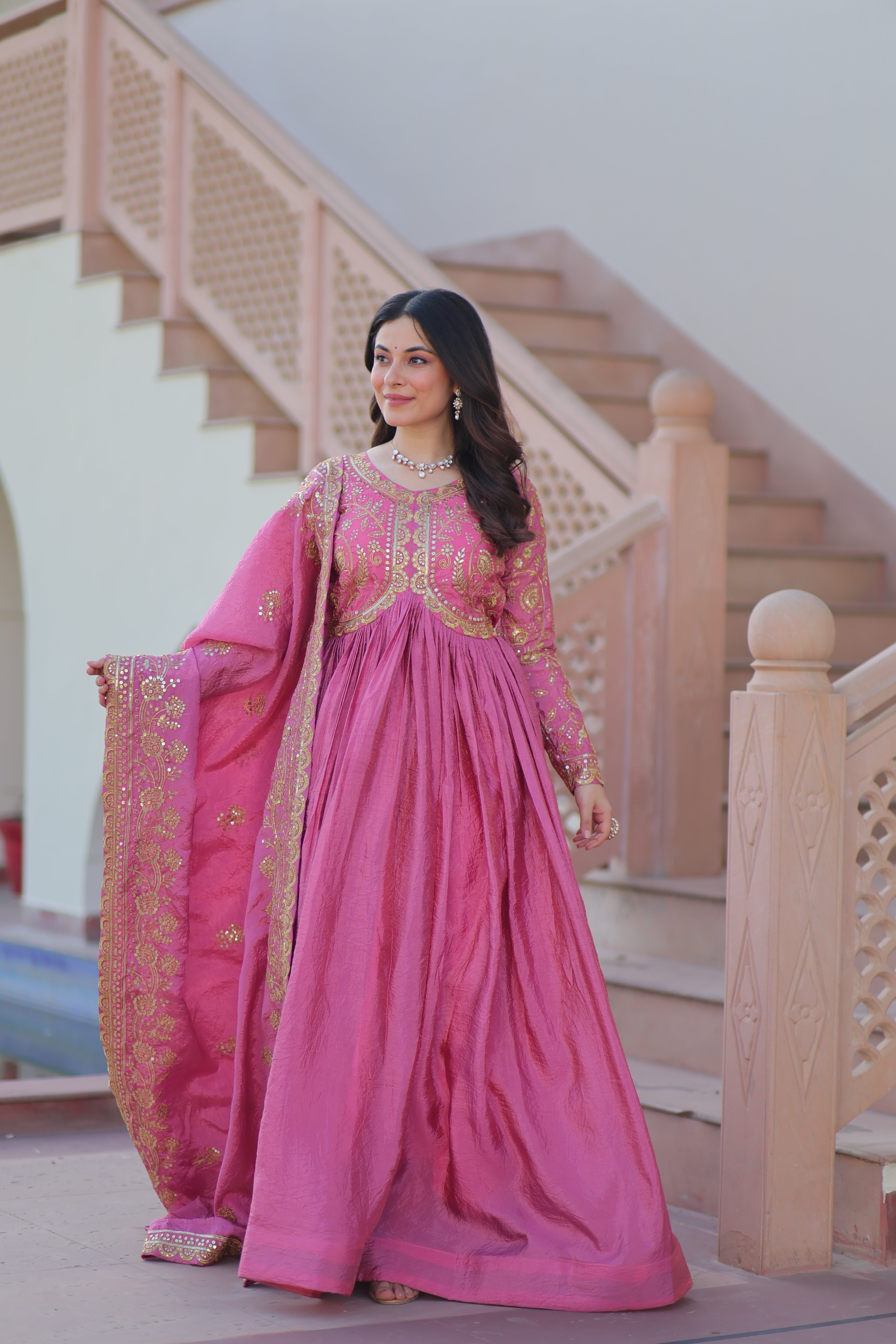 Organza Mehendi Wear Gown With Dupatta