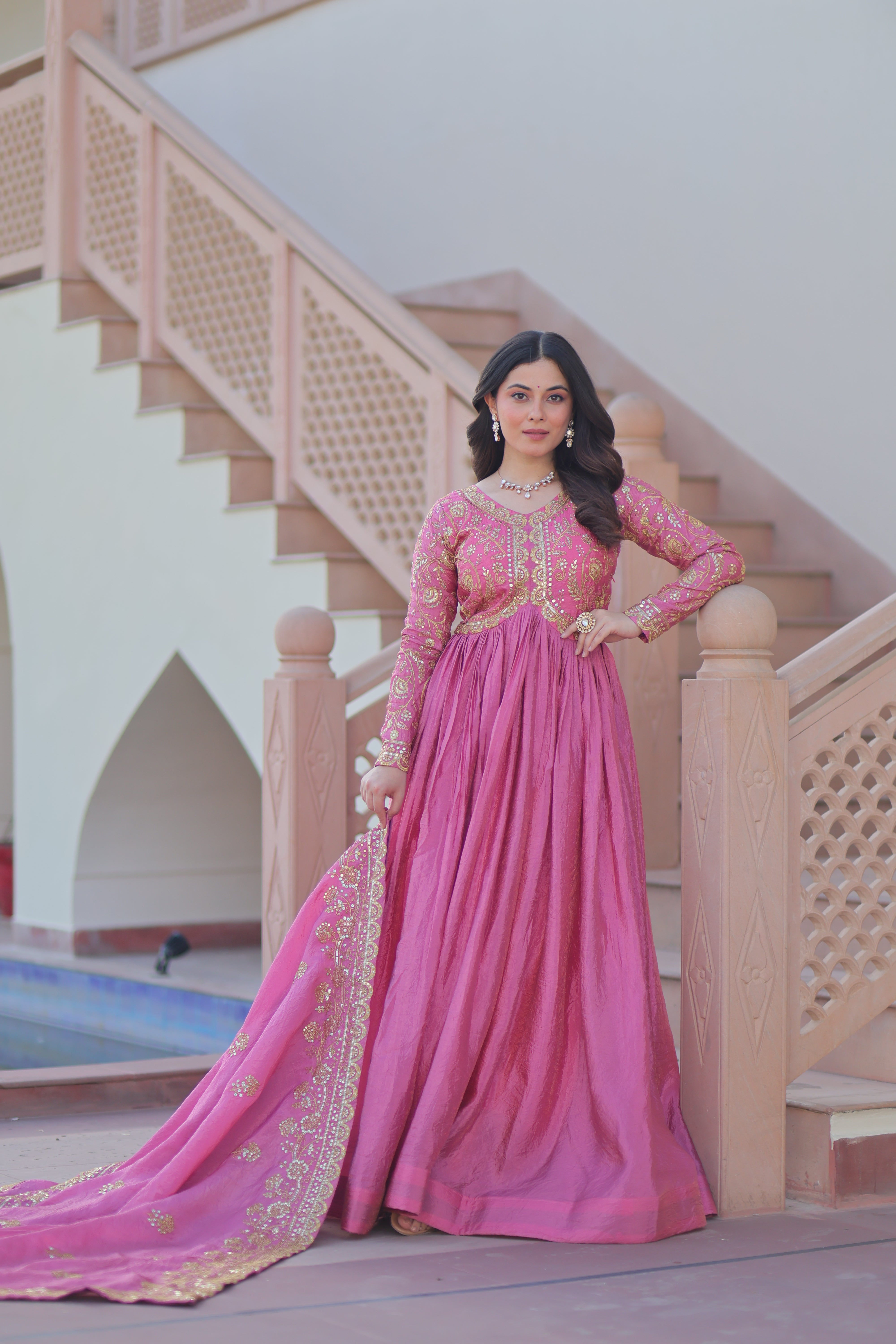 Organza Mehendi Wear Gown With Dupatta