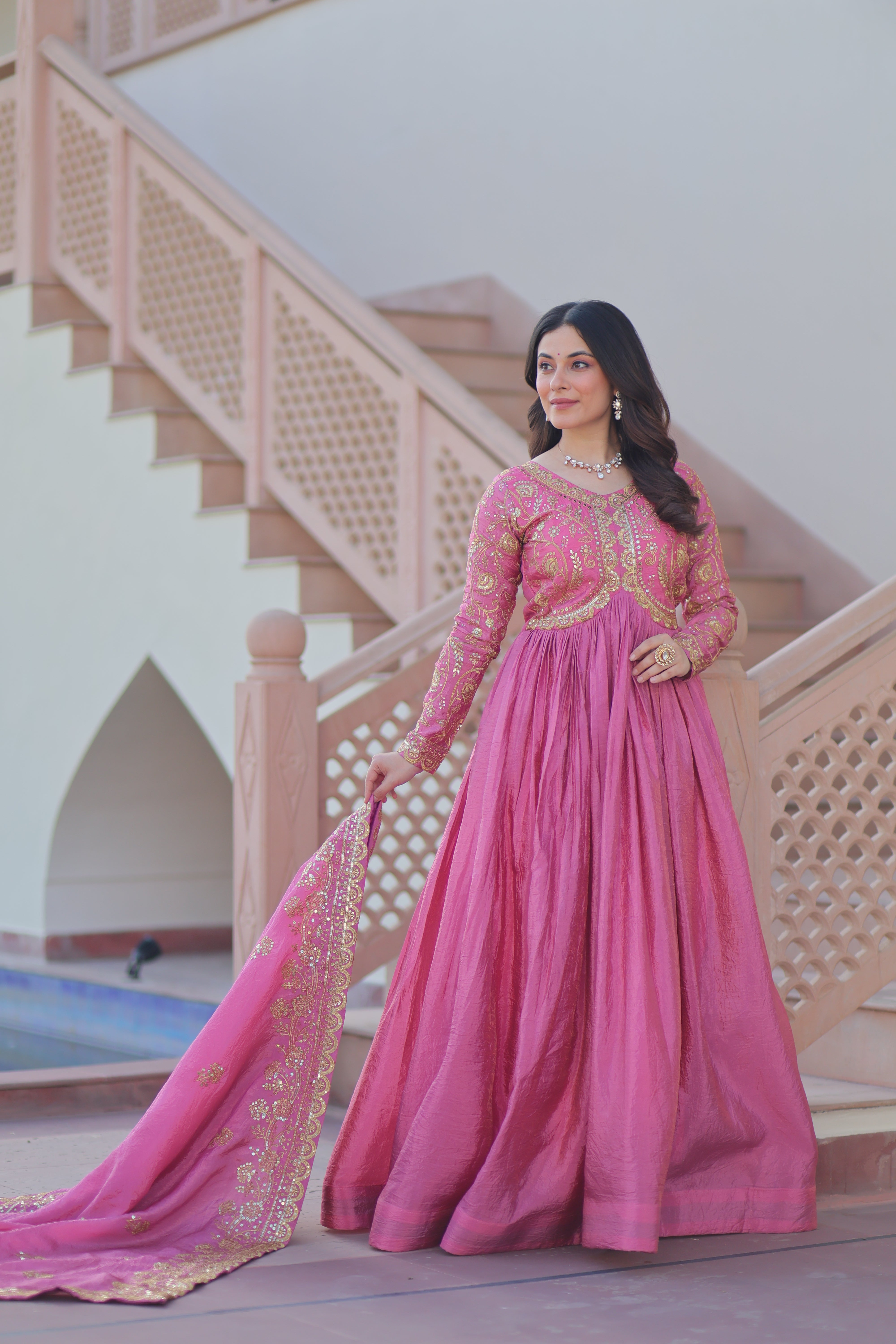 Organza Mehendi Wear Gown With Dupatta