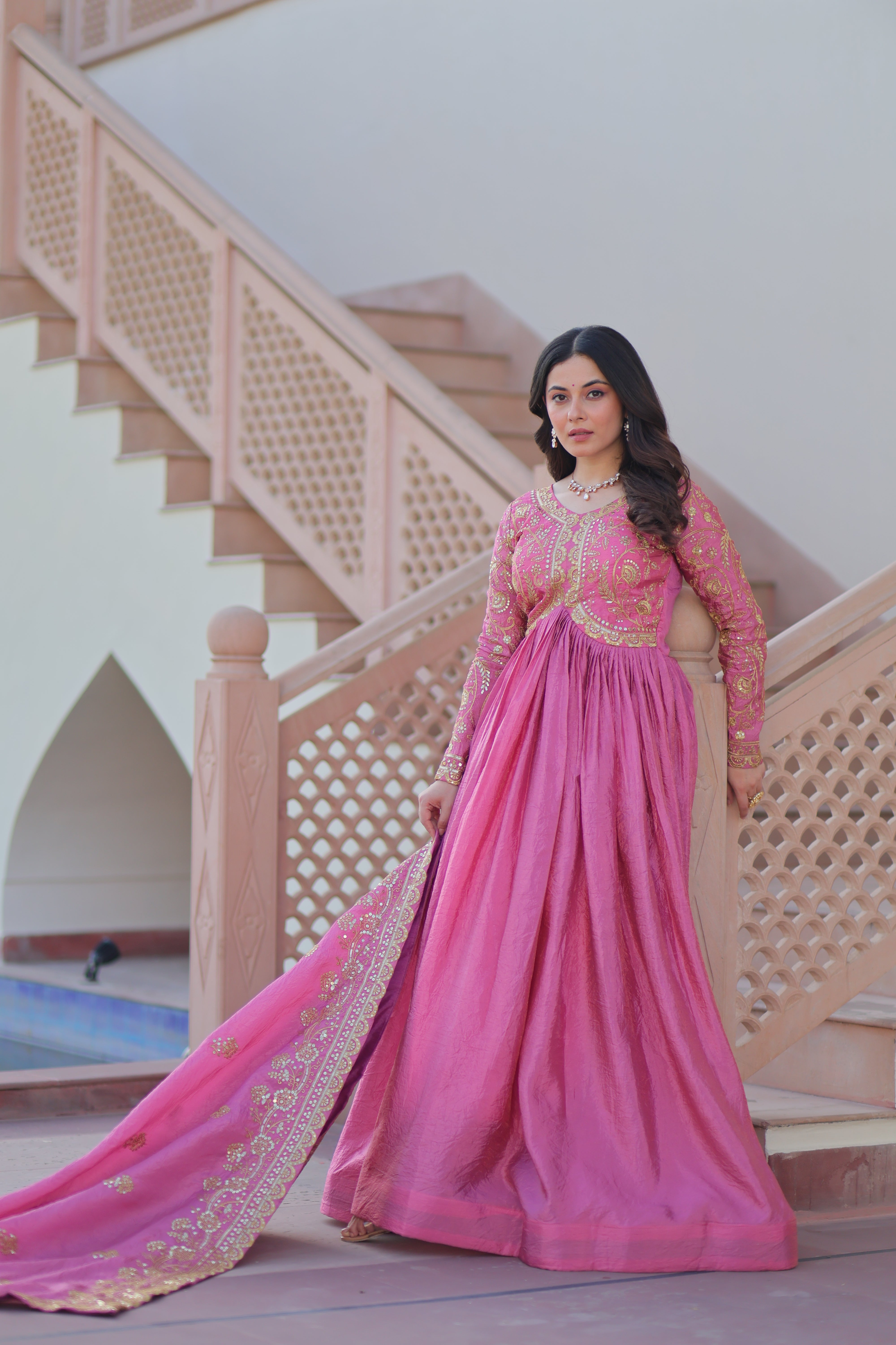 Organza Mehendi Wear Gown With Dupatta