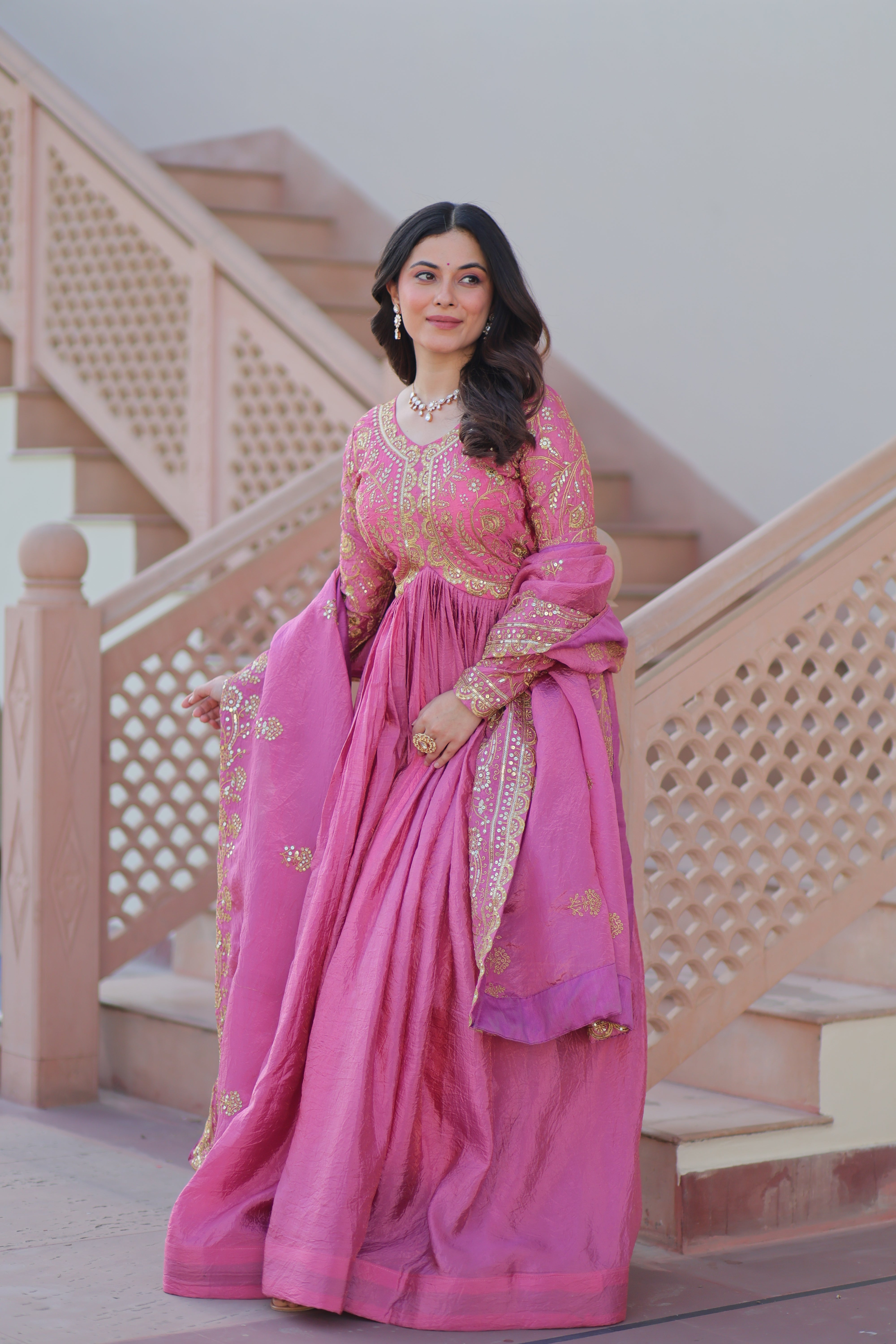 Organza Mehendi Wear Gown With Dupatta