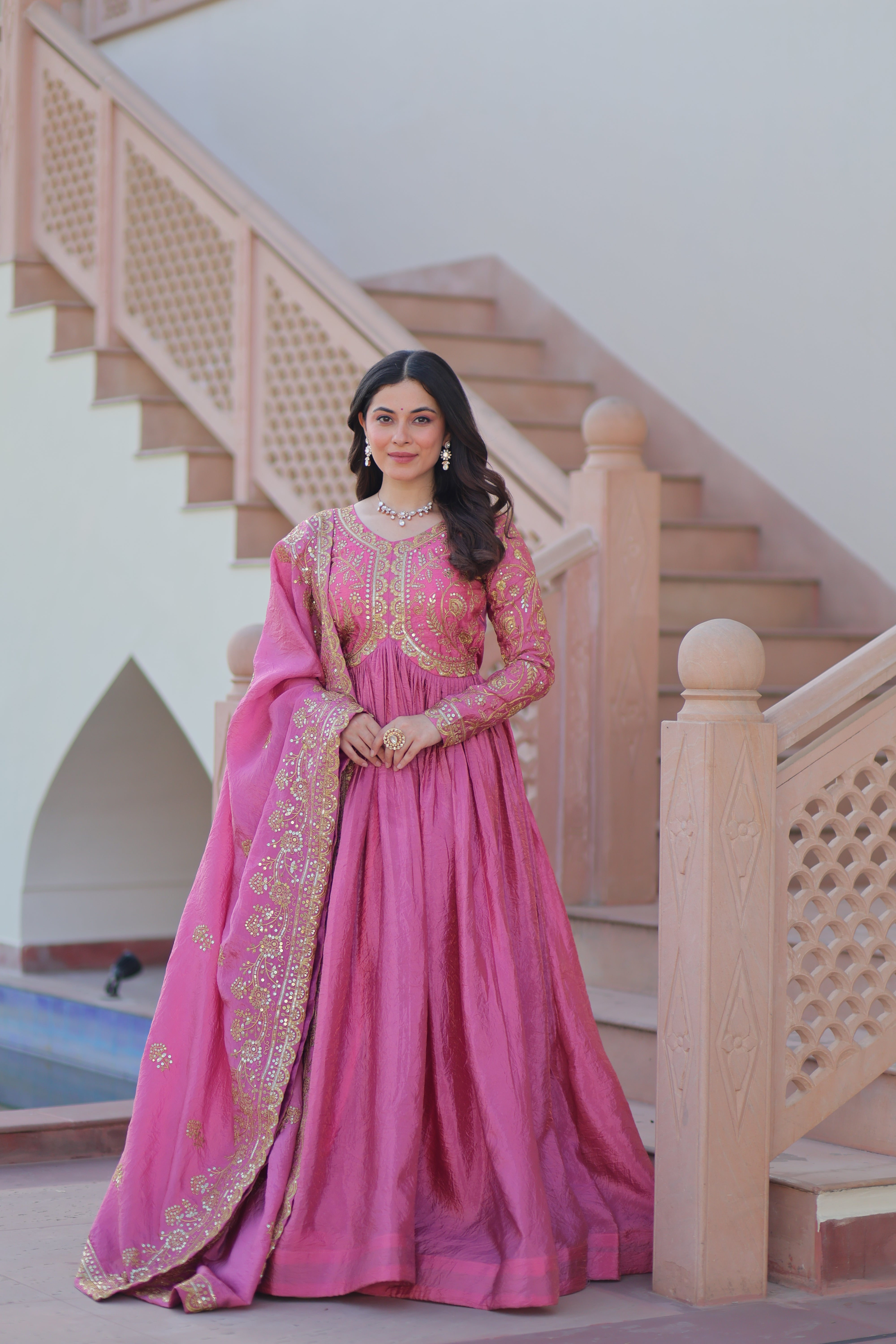 Organza Mehendi Wear Gown With Dupatta