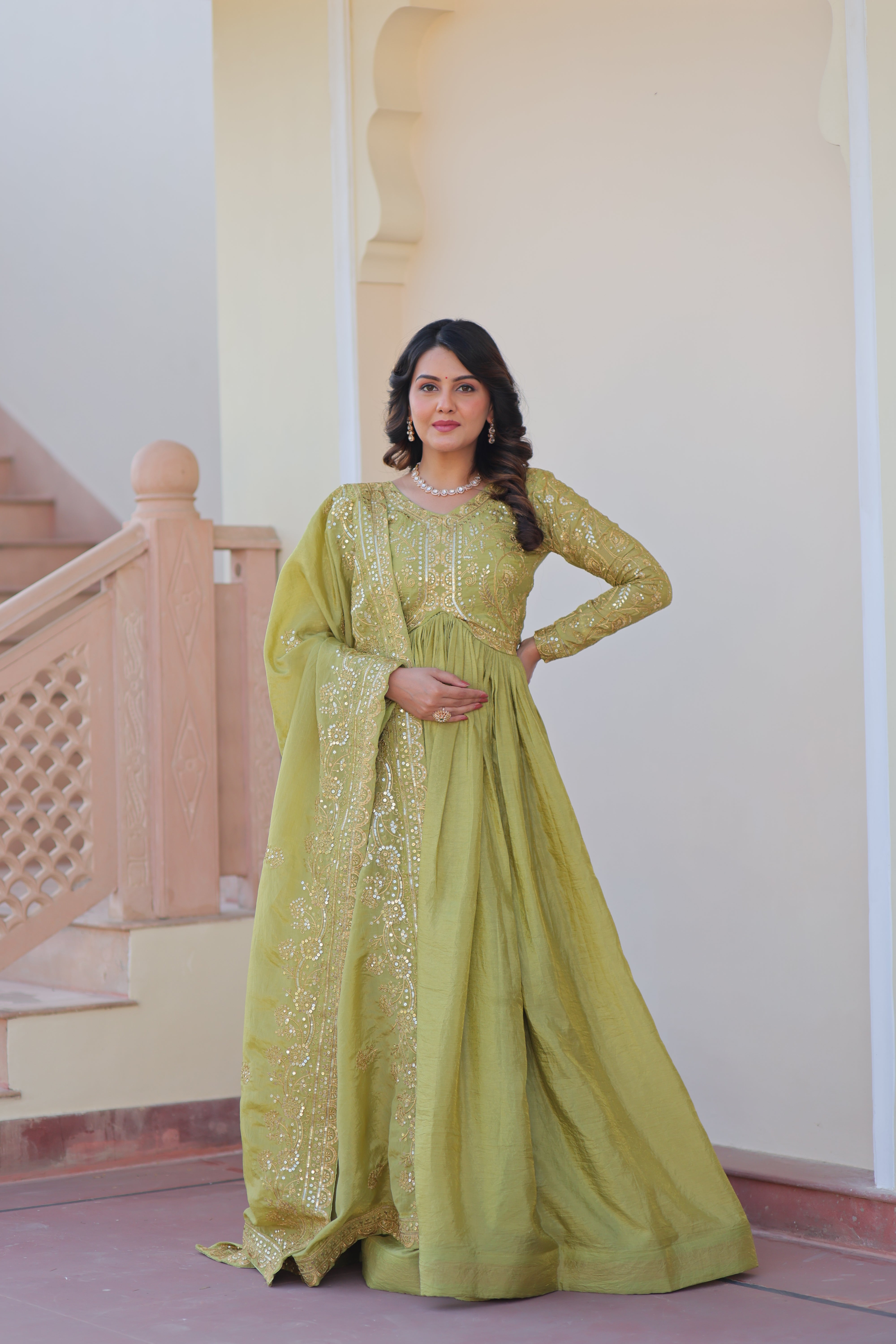Organza Mehendi Wear Gown With Dupatta