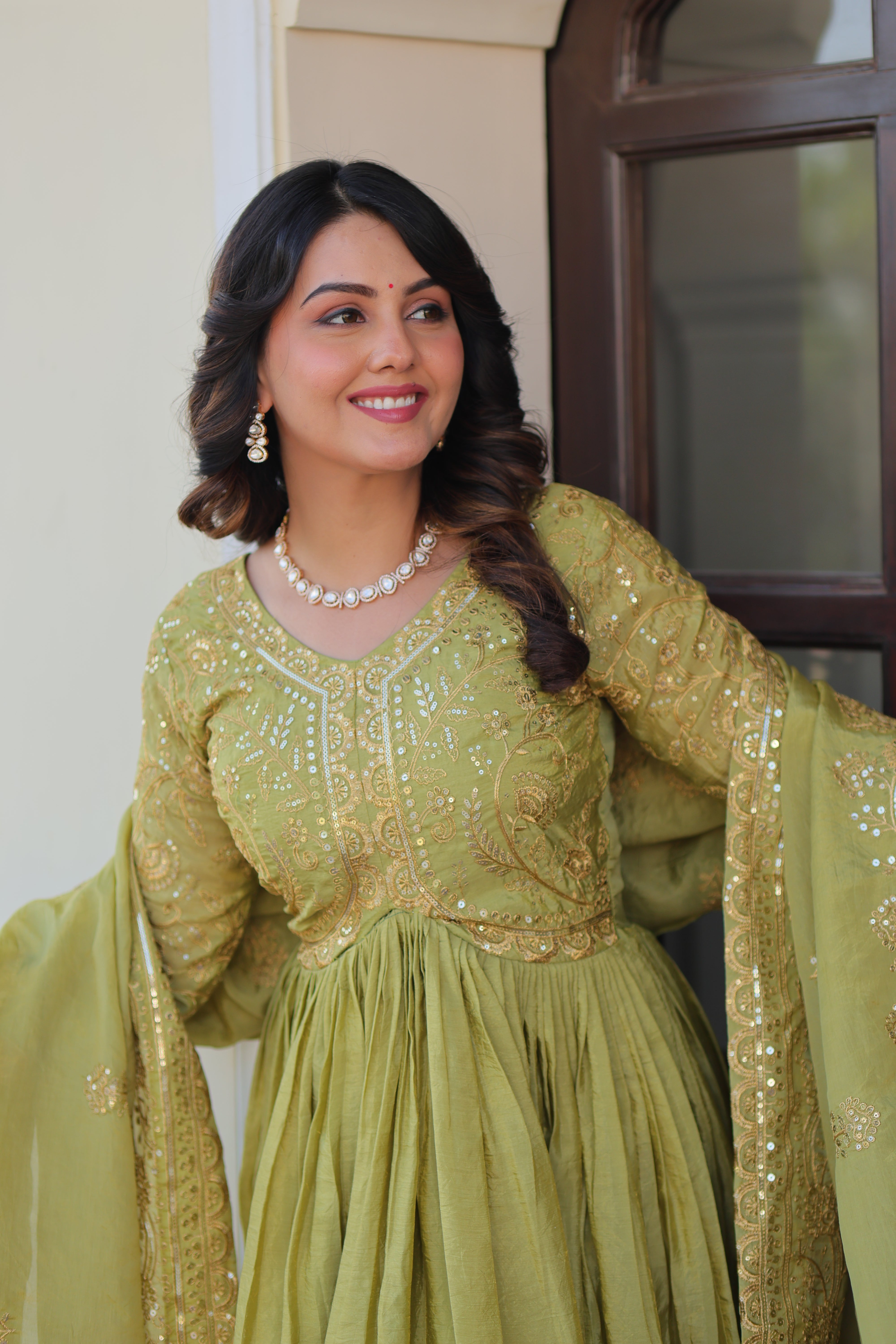 Organza Mehendi Wear Gown With Dupatta