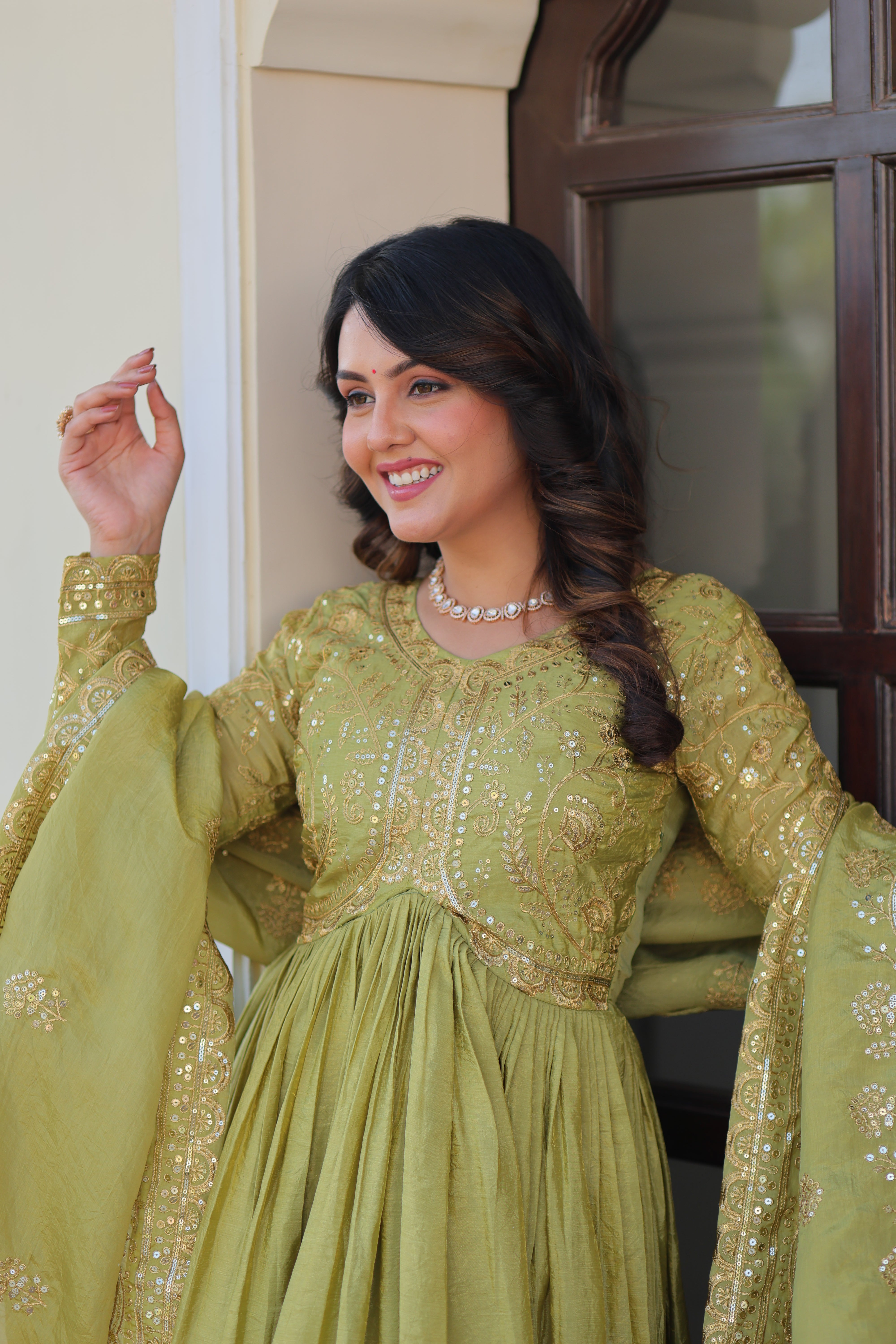 Organza Mehendi Wear Gown With Dupatta