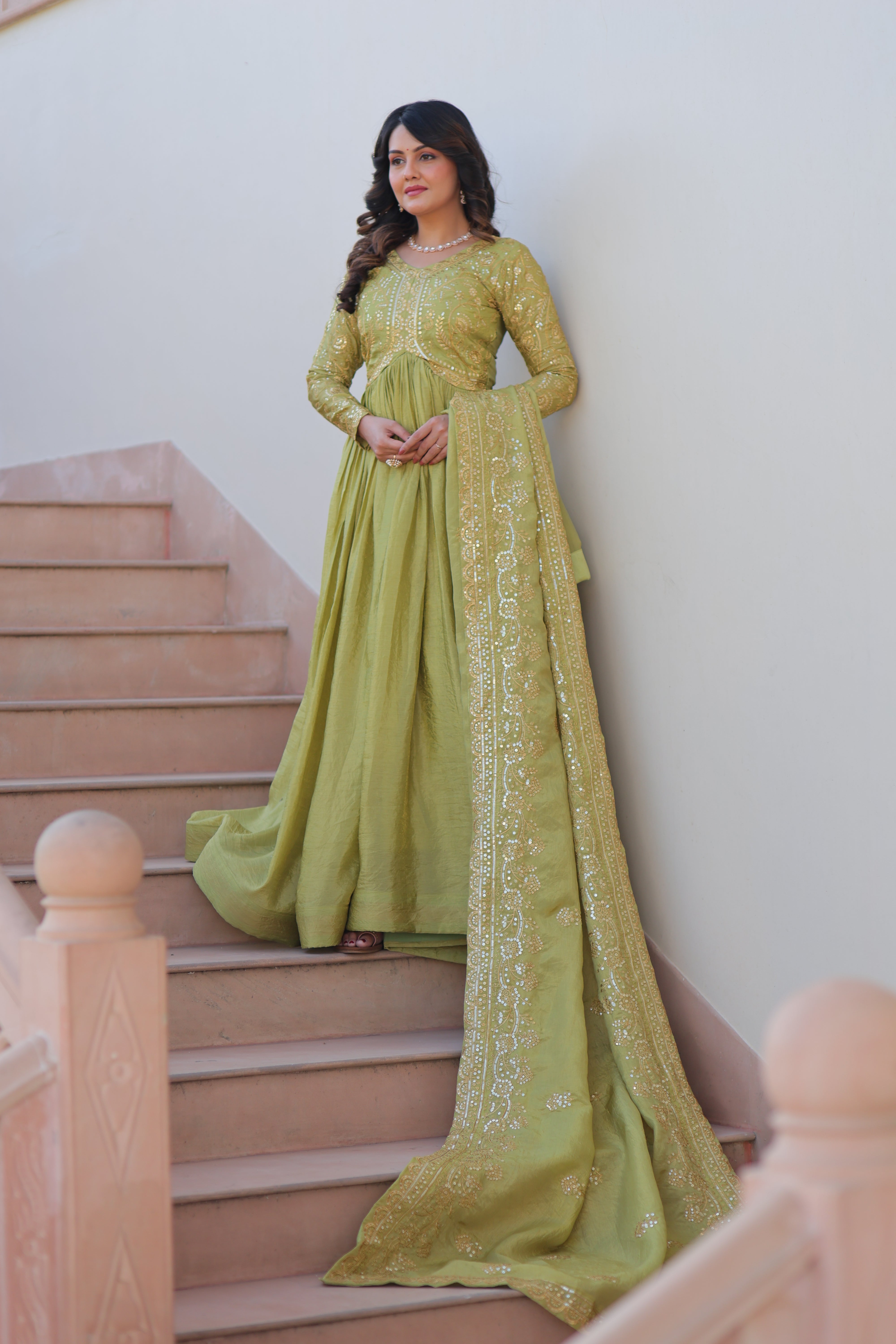 Organza Mehendi Wear Gown With Dupatta