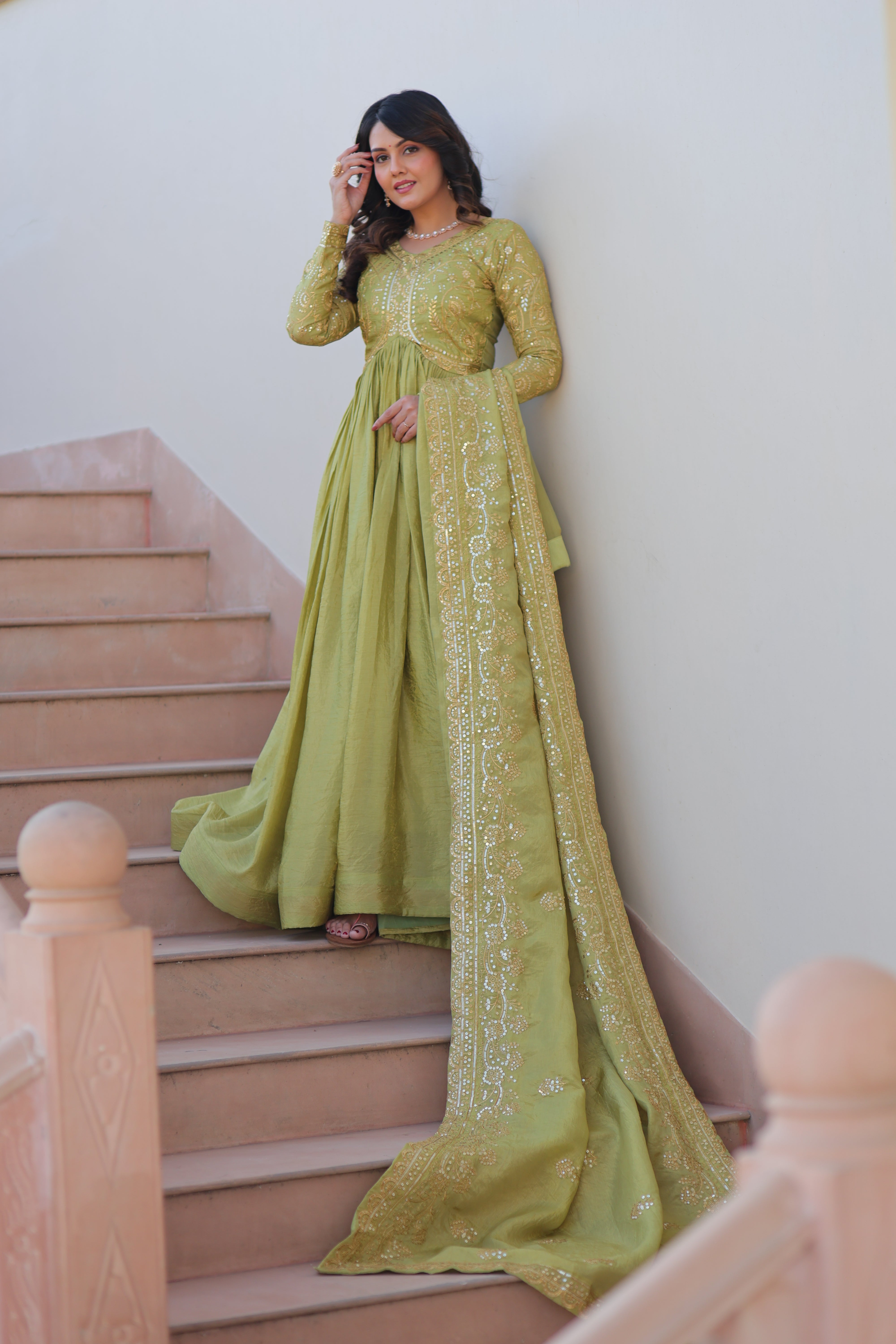 Organza Mehendi Wear Gown With Dupatta