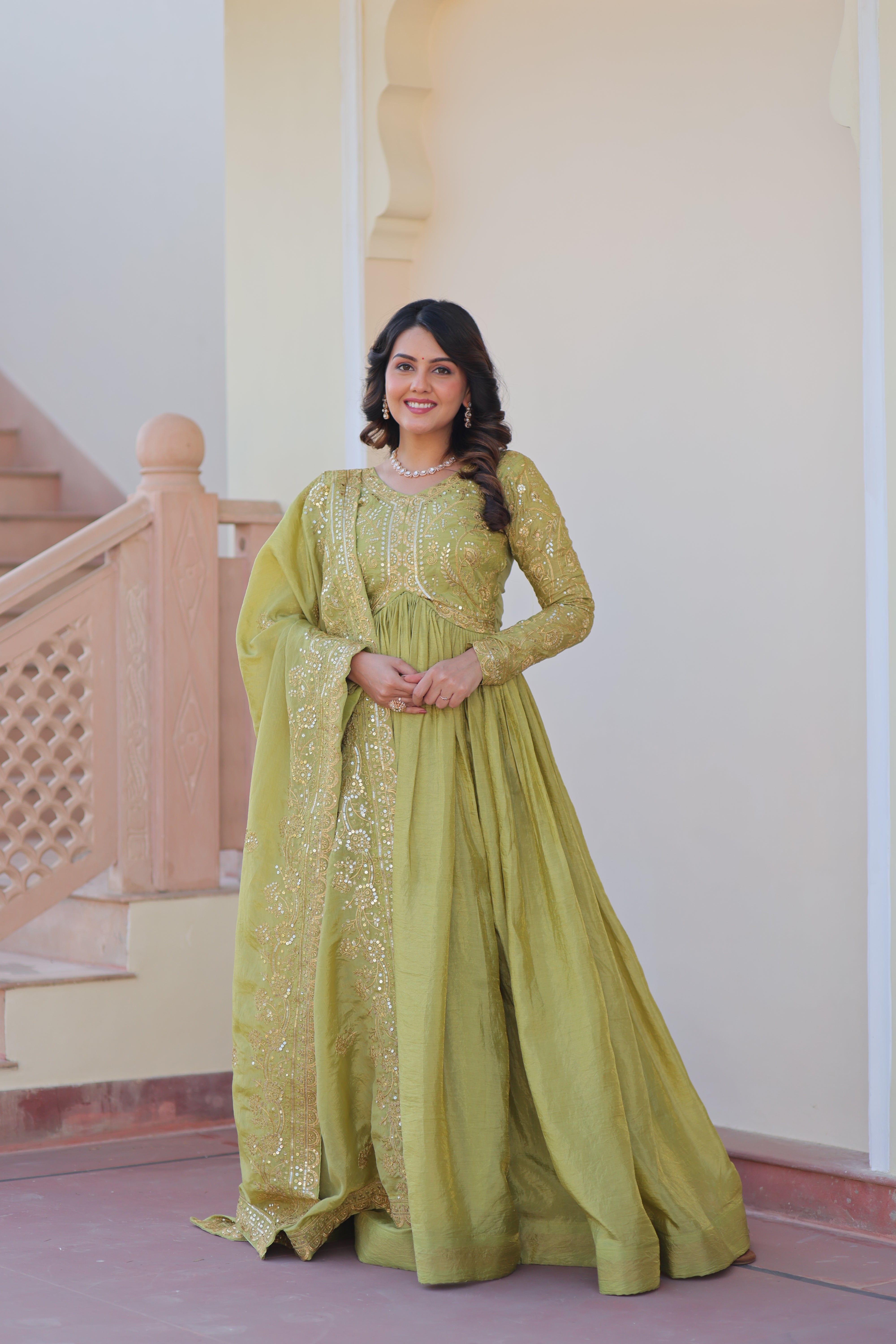 Organza Mehendi Wear Gown With Dupatta