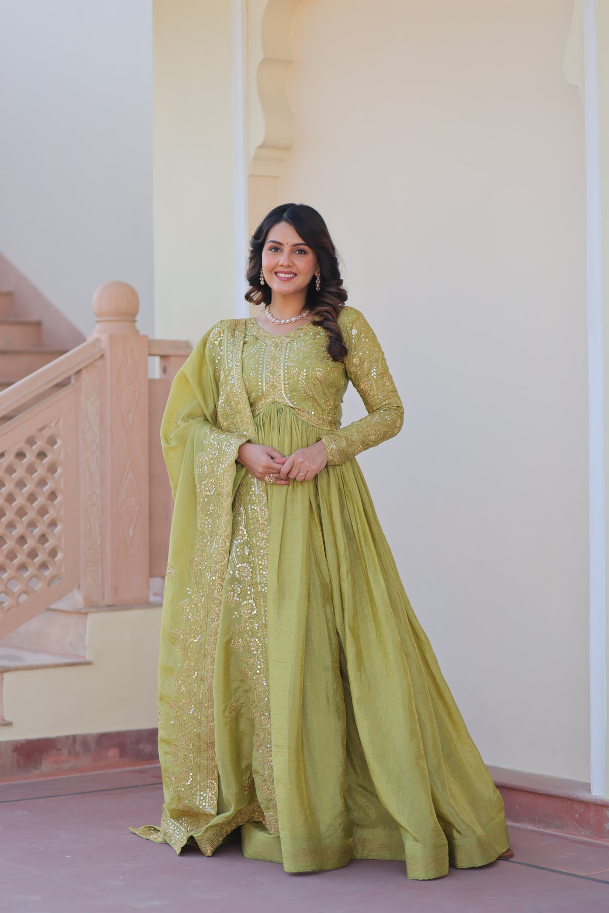 Organza Mehendi Wear Gown With Dupatta