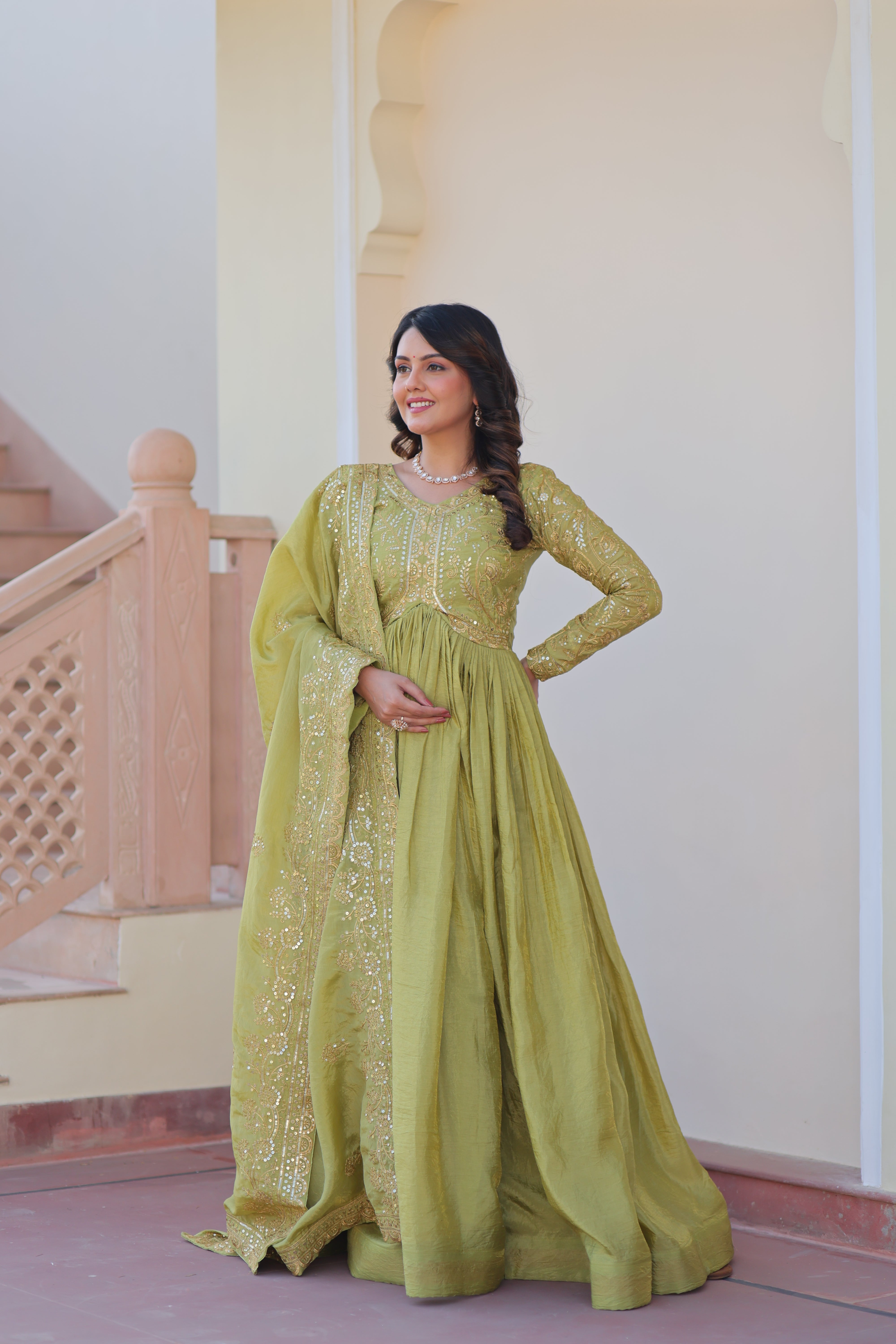 Organza Mehendi Wear Gown With Dupatta