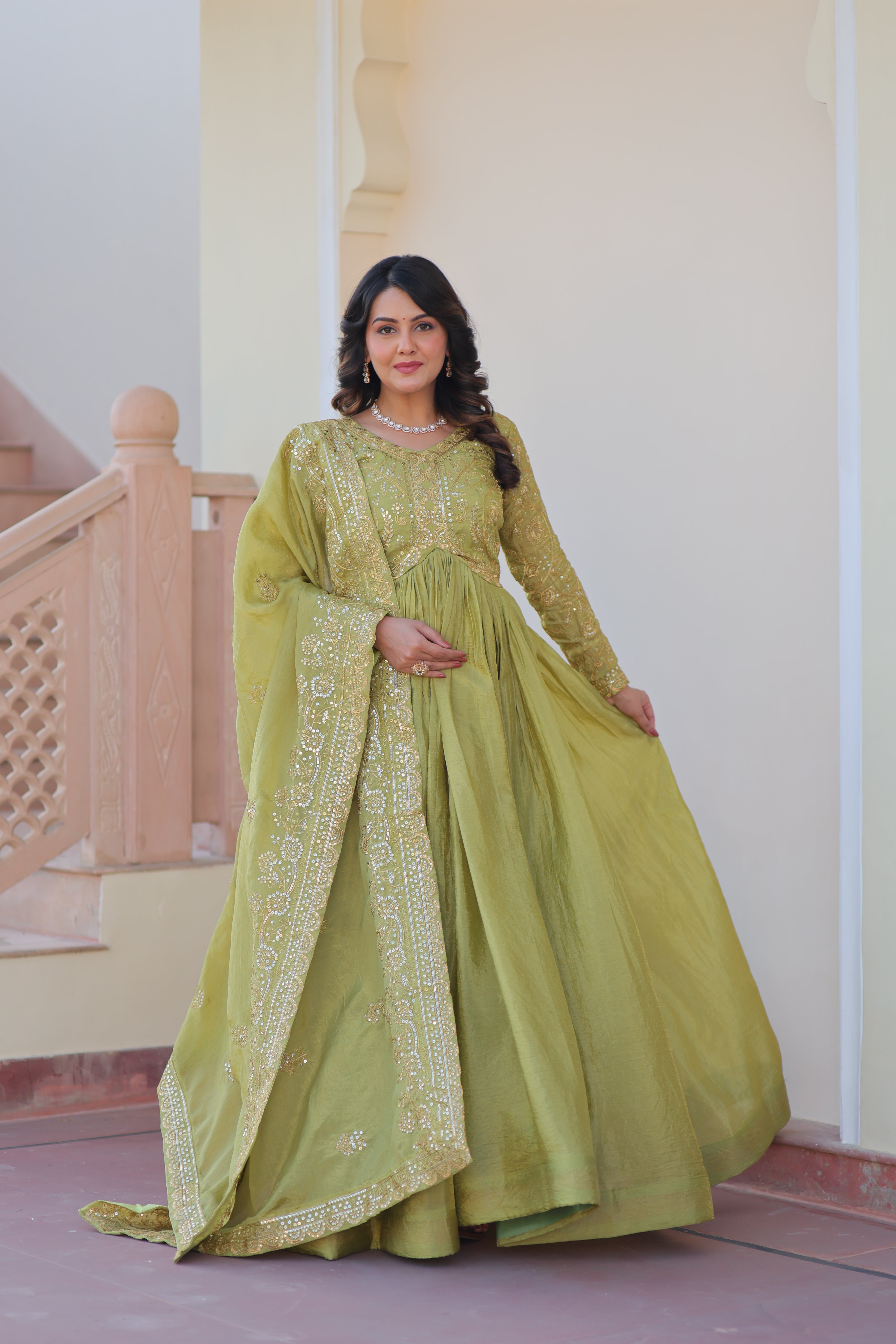 Organza Mehendi Wear Gown With Dupatta