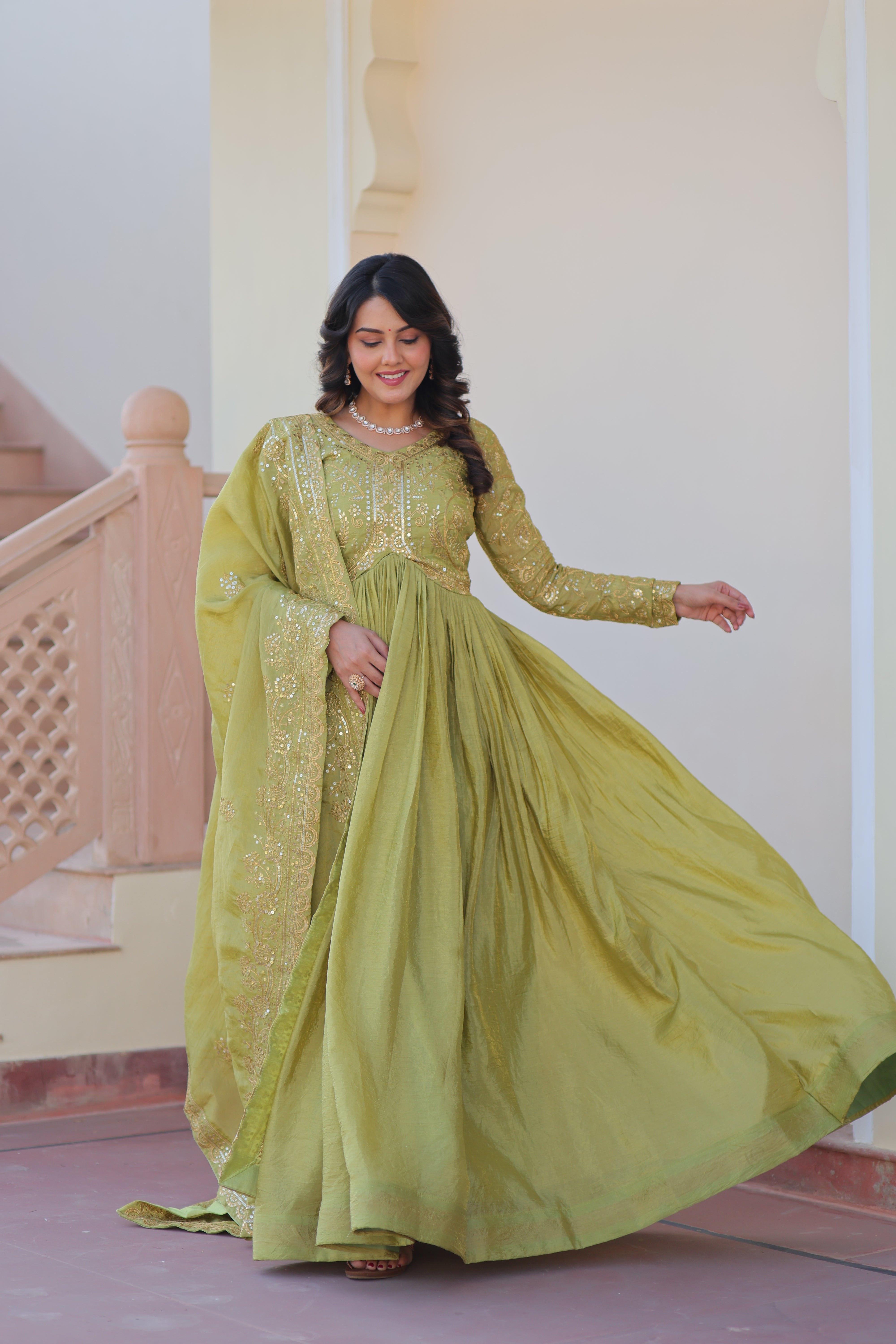 Organza Mehendi Wear Gown With Dupatta