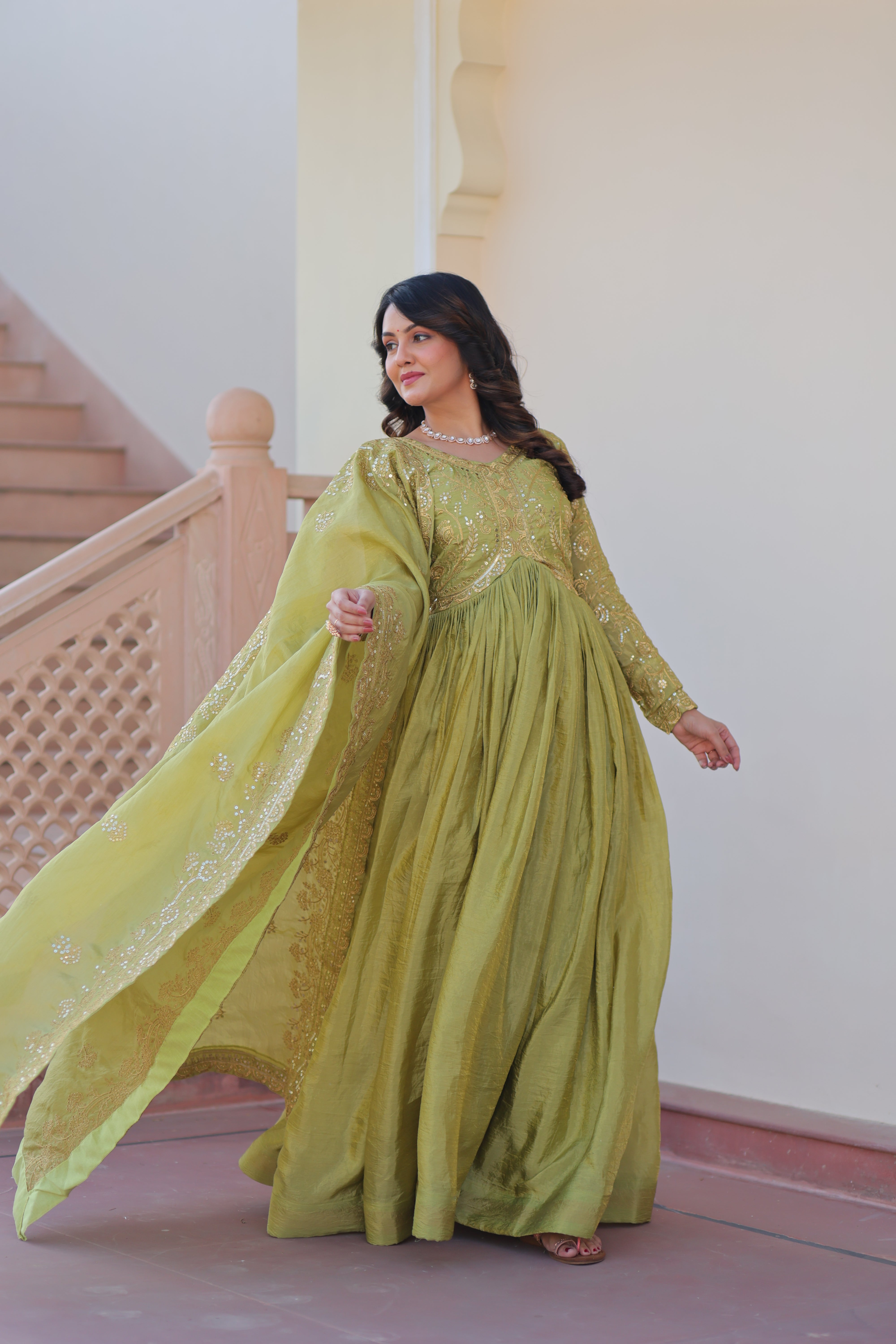 Organza Mehendi Wear Gown With Dupatta