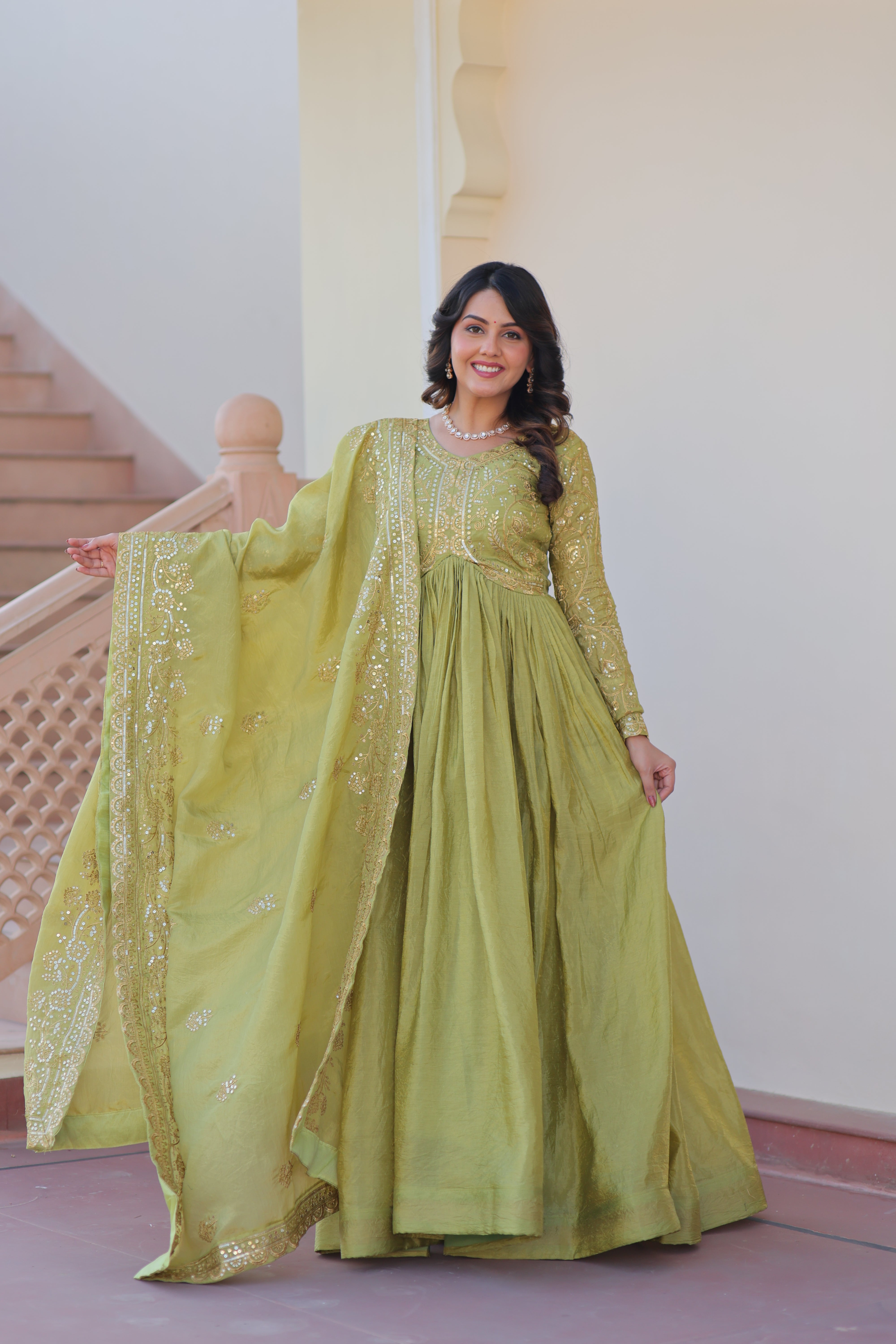 Organza Mehendi Wear Gown With Dupatta