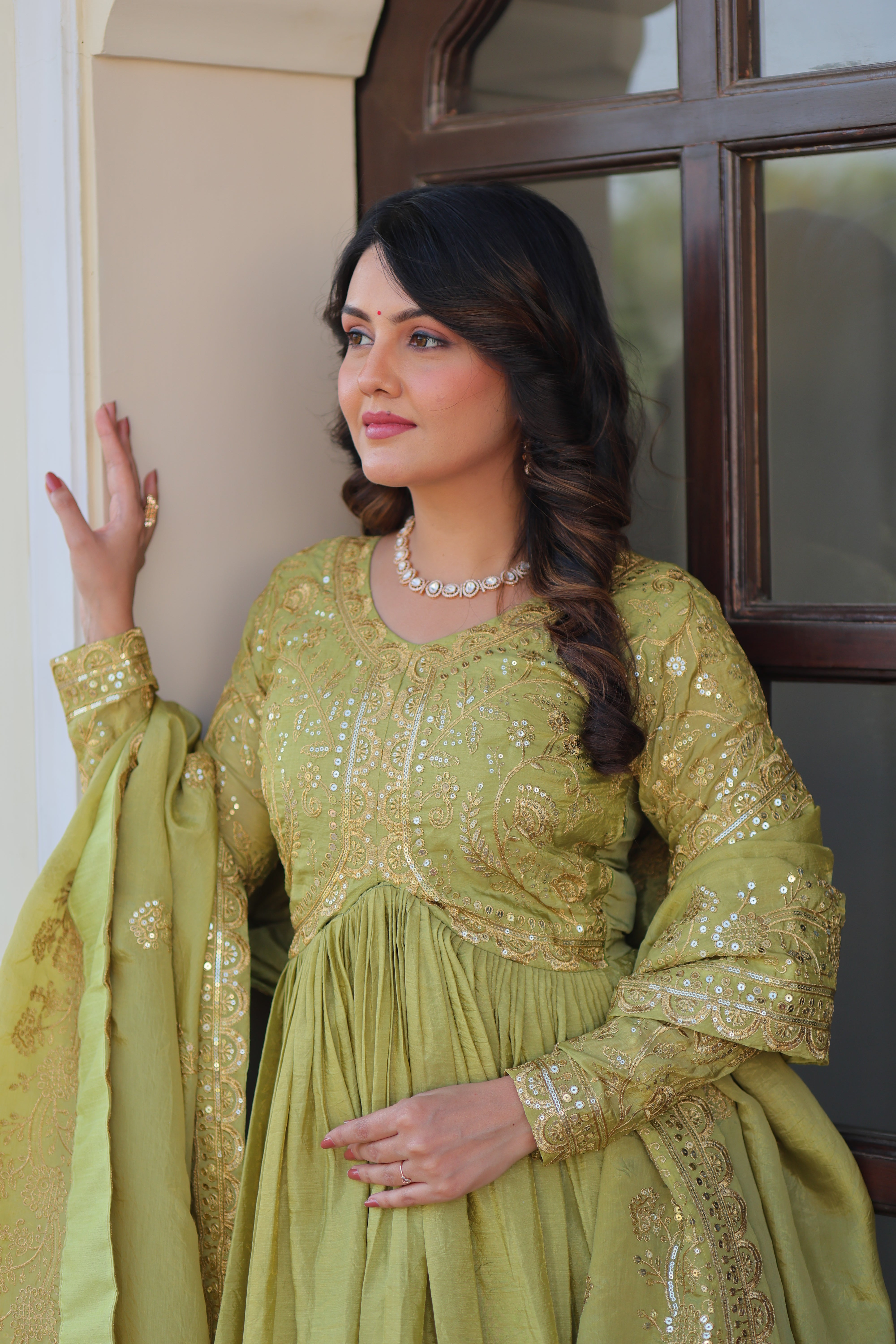 Organza Mehendi Wear Gown With Dupatta