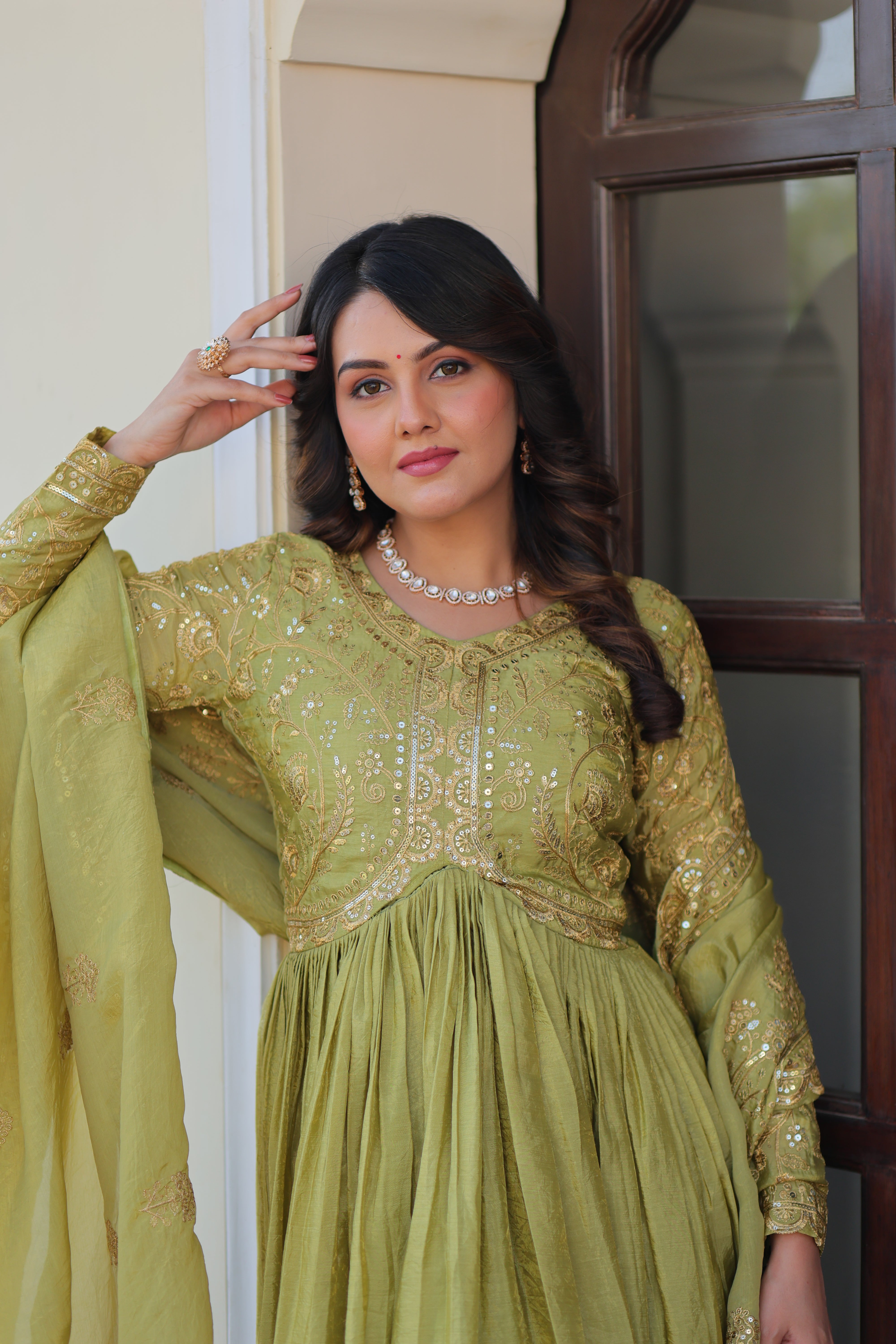Organza Mehendi Wear Gown With Dupatta