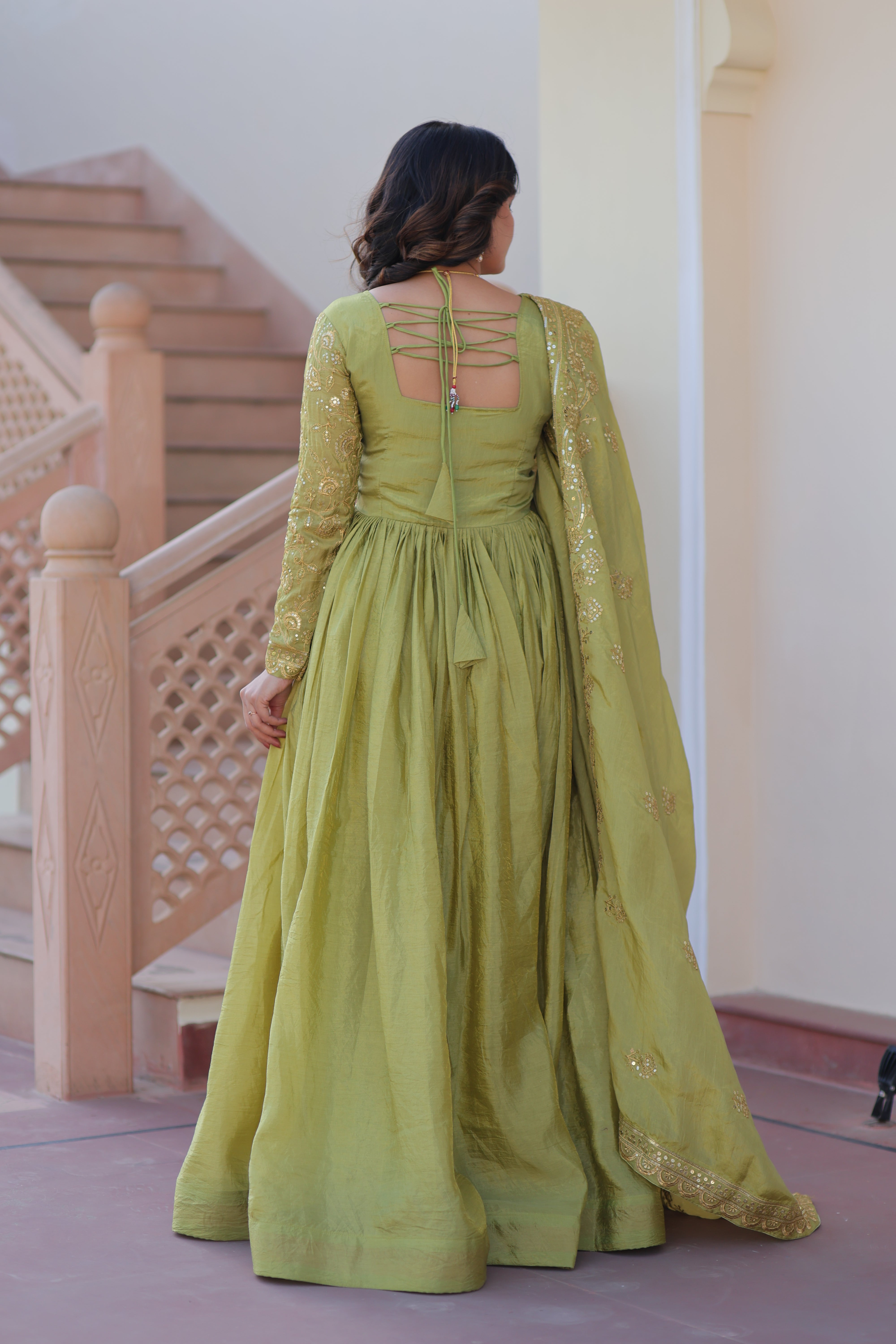 Organza Mehendi Wear Gown With Dupatta