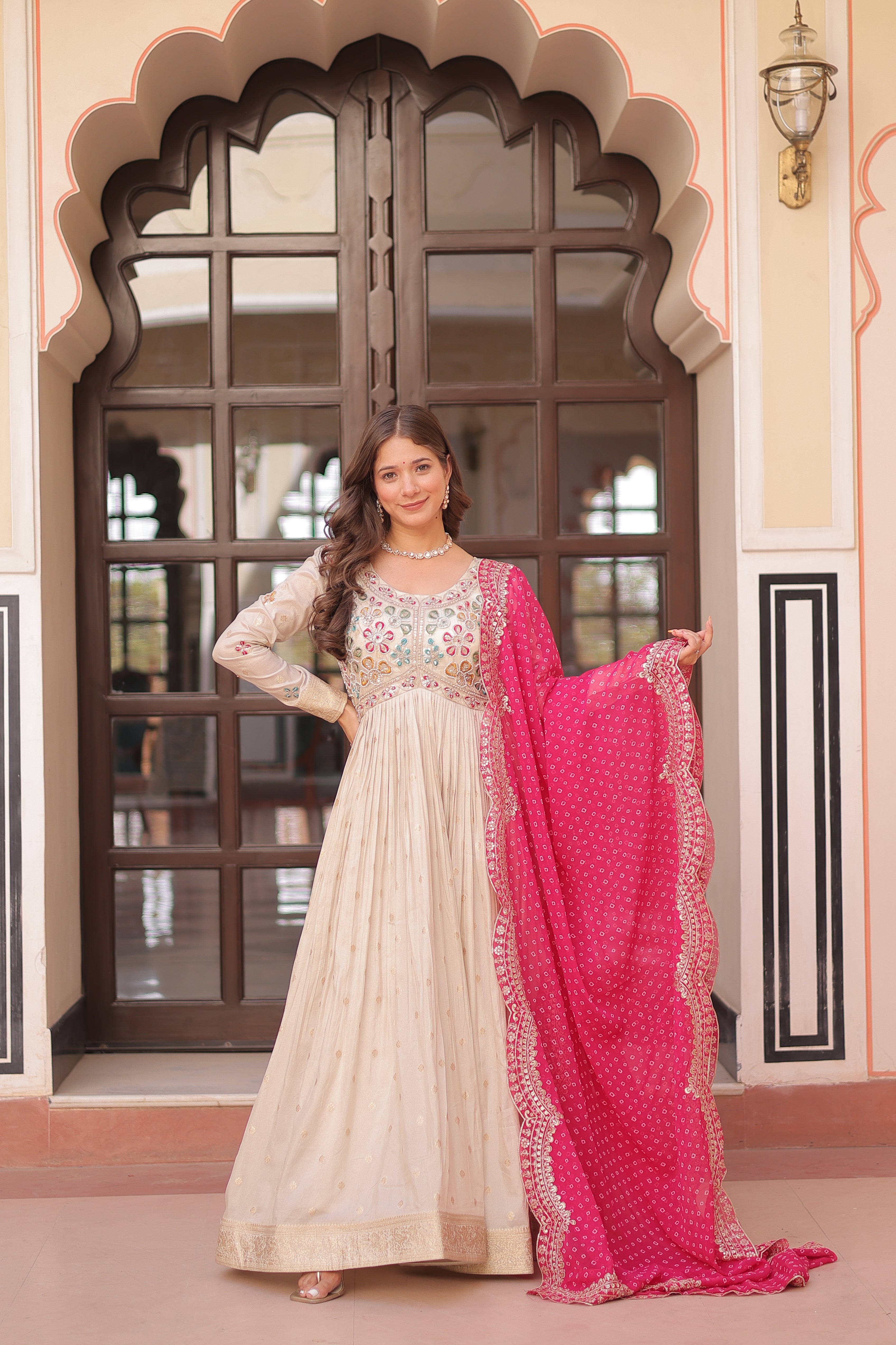 Cosmos Weaving Jacquard Embroidered Gown With Bandhani Dupatta