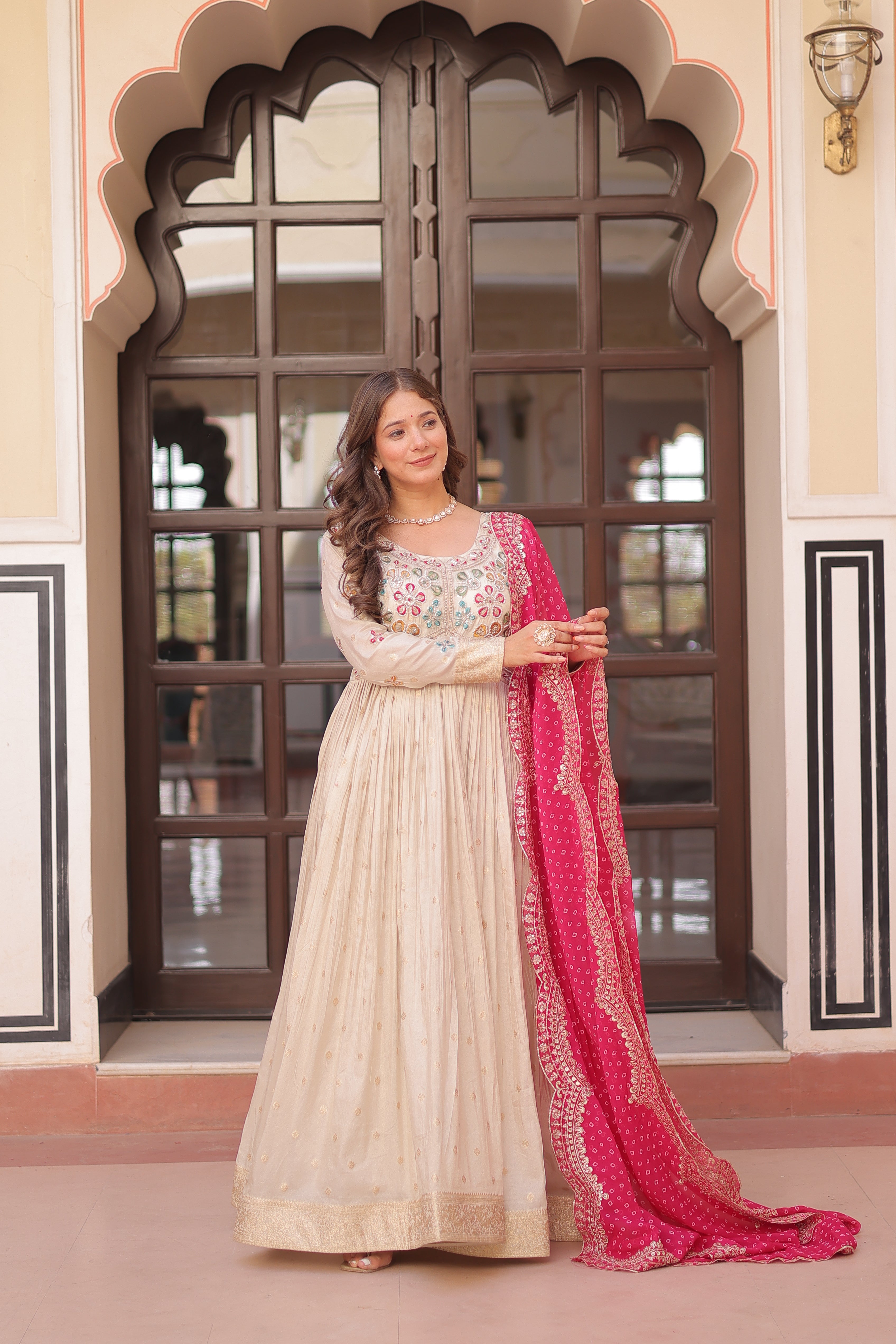 Cosmos Weaving Jacquard Embroidered Gown With Bandhani Dupatta