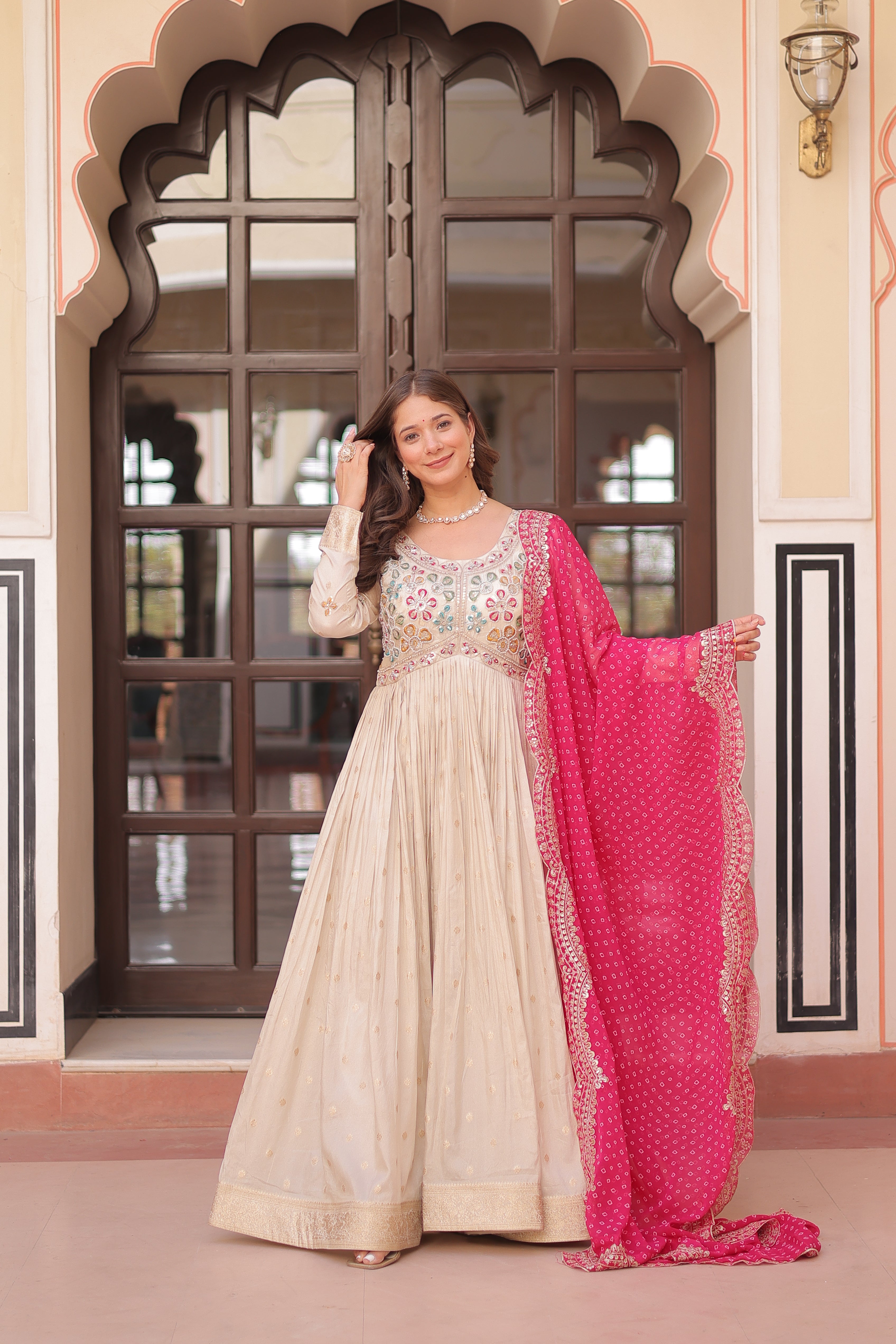 Cosmos Weaving Jacquard Embroidered Gown With Bandhani Dupatta