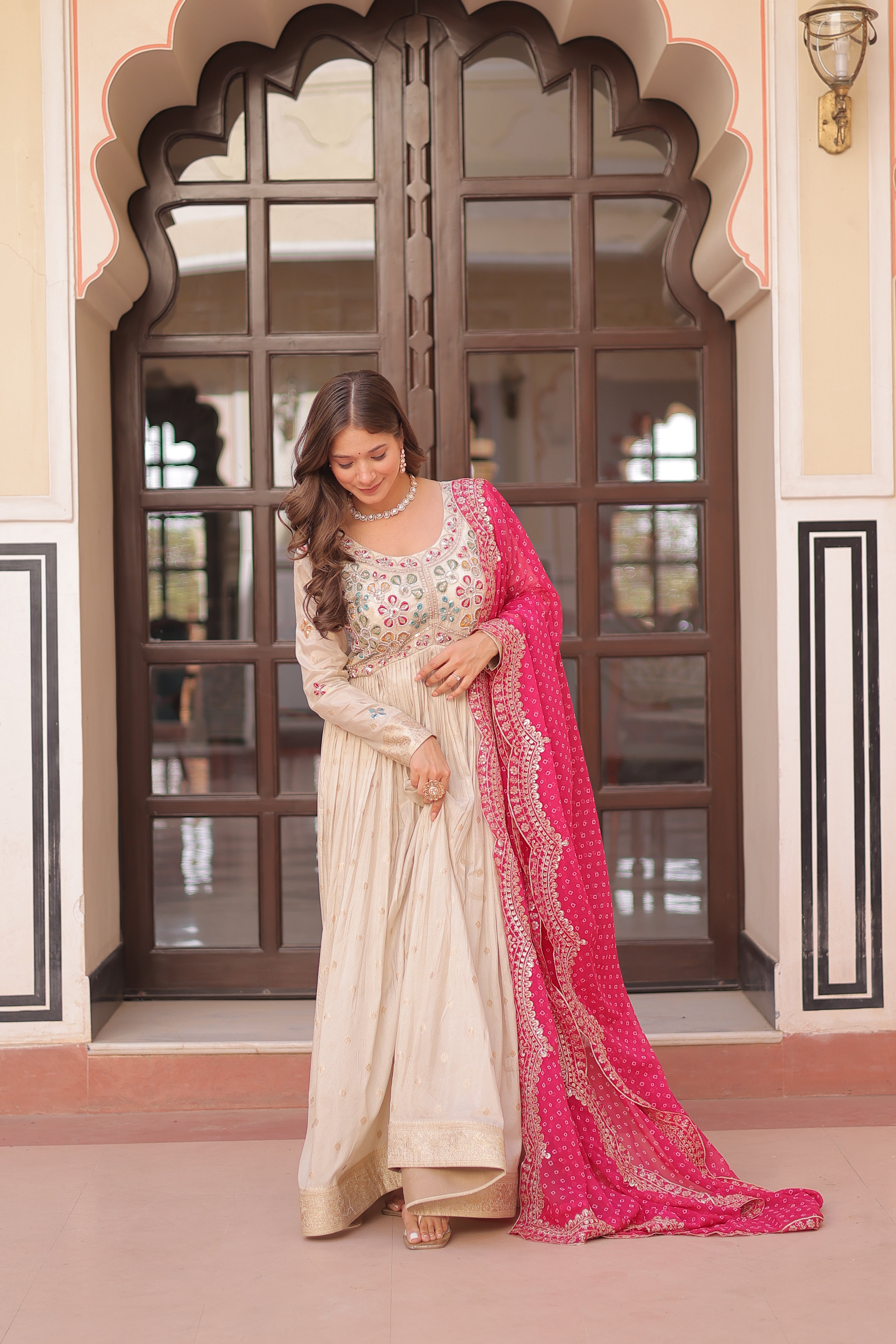 Cosmos Weaving Jacquard Embroidered Gown With Bandhani Dupatta