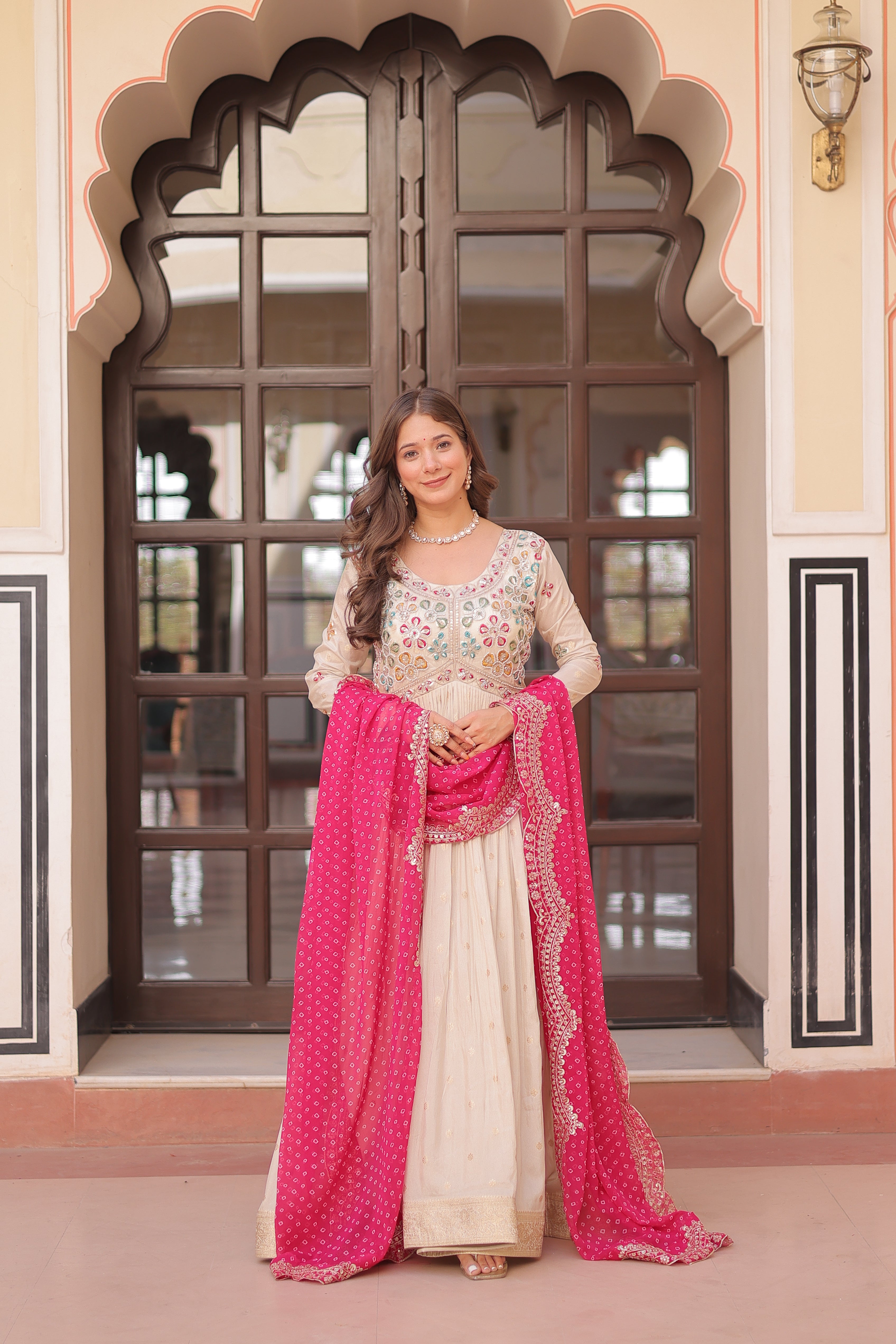 Cosmos Weaving Jacquard Embroidered Gown With Bandhani Dupatta