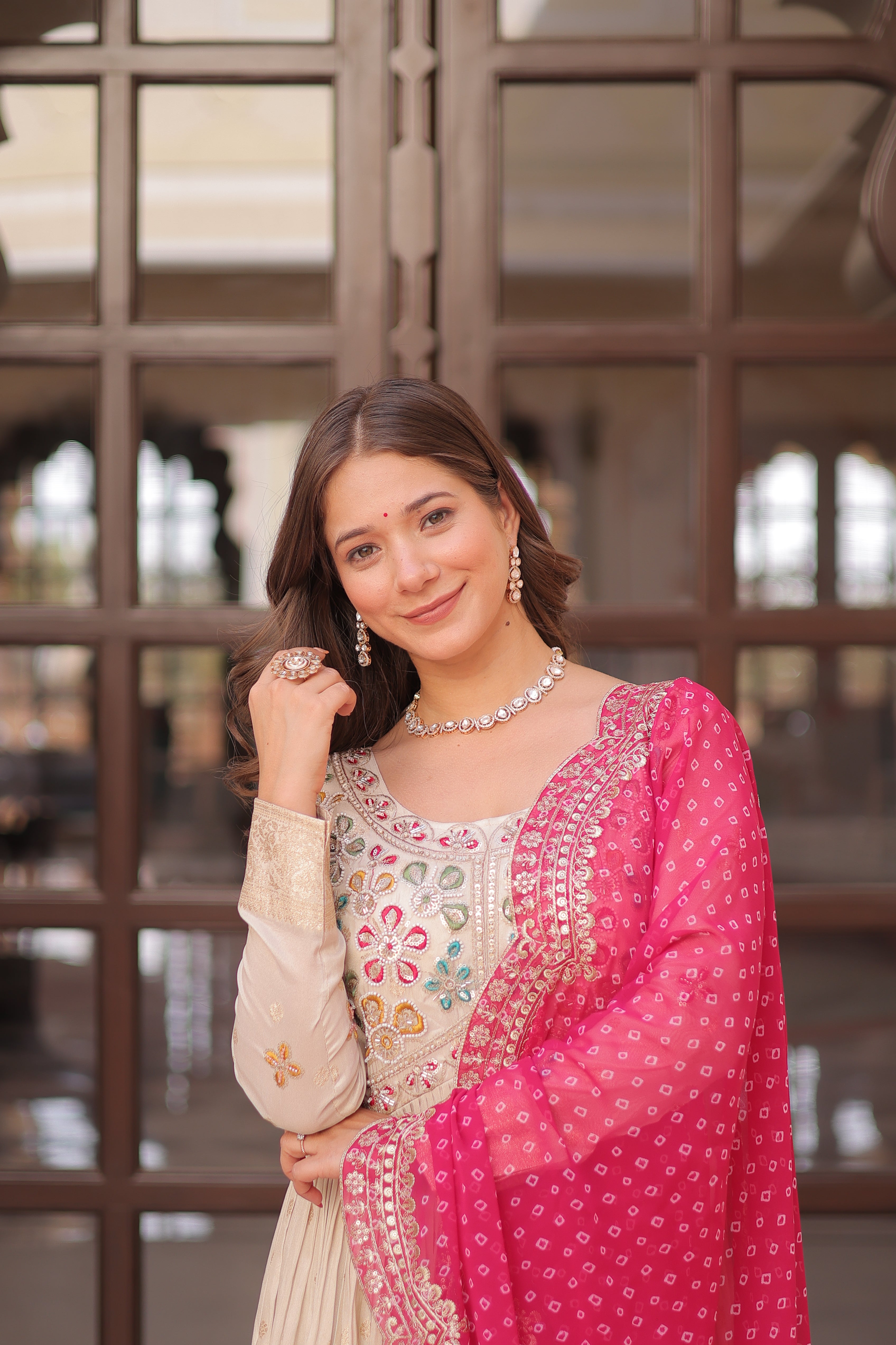 Cosmos Weaving Jacquard Embroidered Gown With Bandhani Dupatta