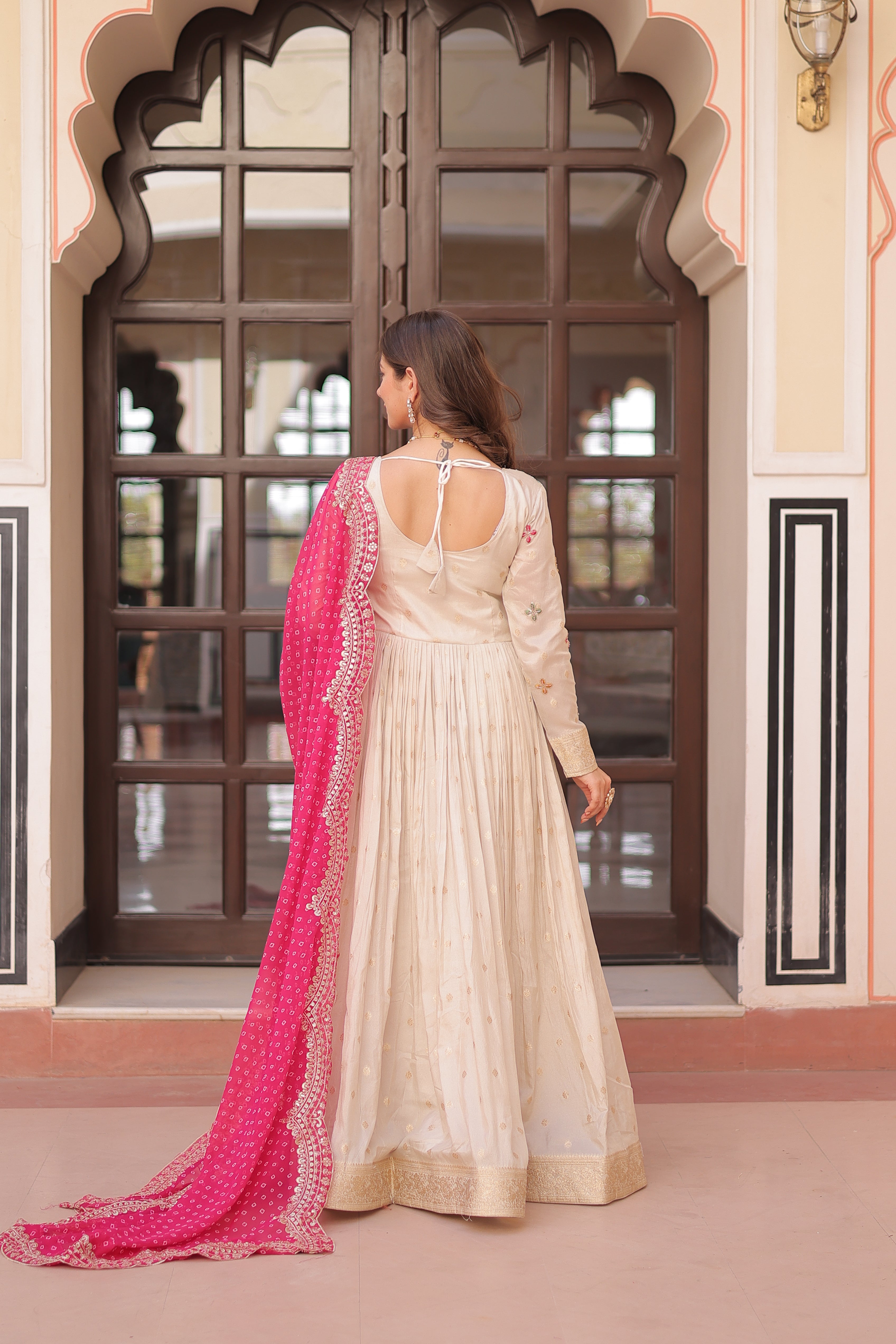 Cosmos Weaving Jacquard Embroidered Gown With Bandhani Dupatta
