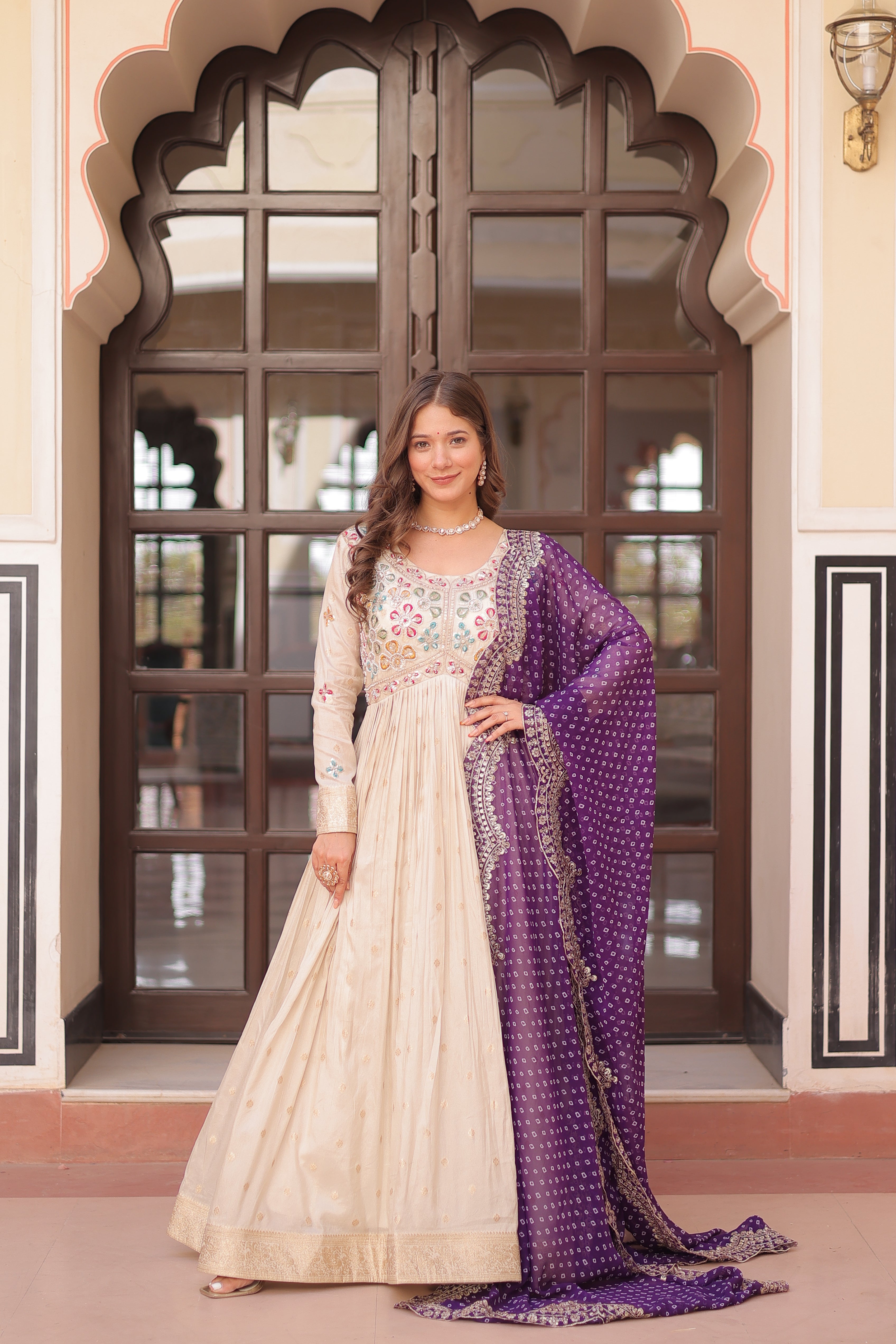 Cosmos Weaving Jacquard Embroidered Gown With Bandhani Dupatta